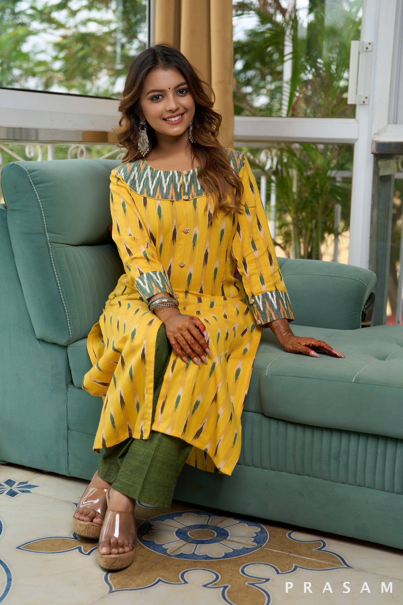 Citrine Marigold Yellow Ikat Kurti with Green Embellishments