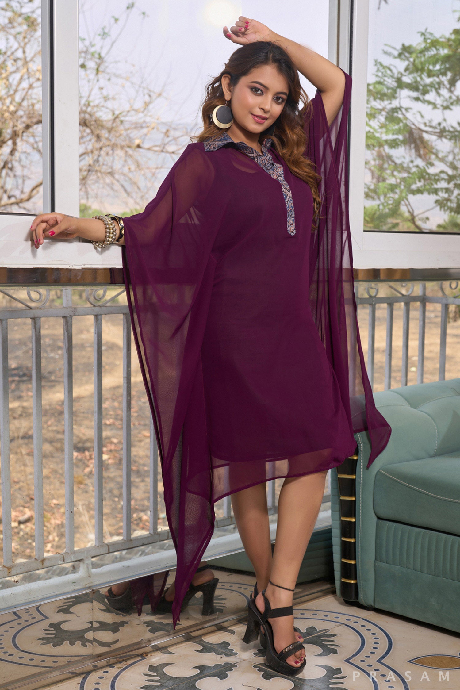 Wineberry  Kaftan with ajrakh trims