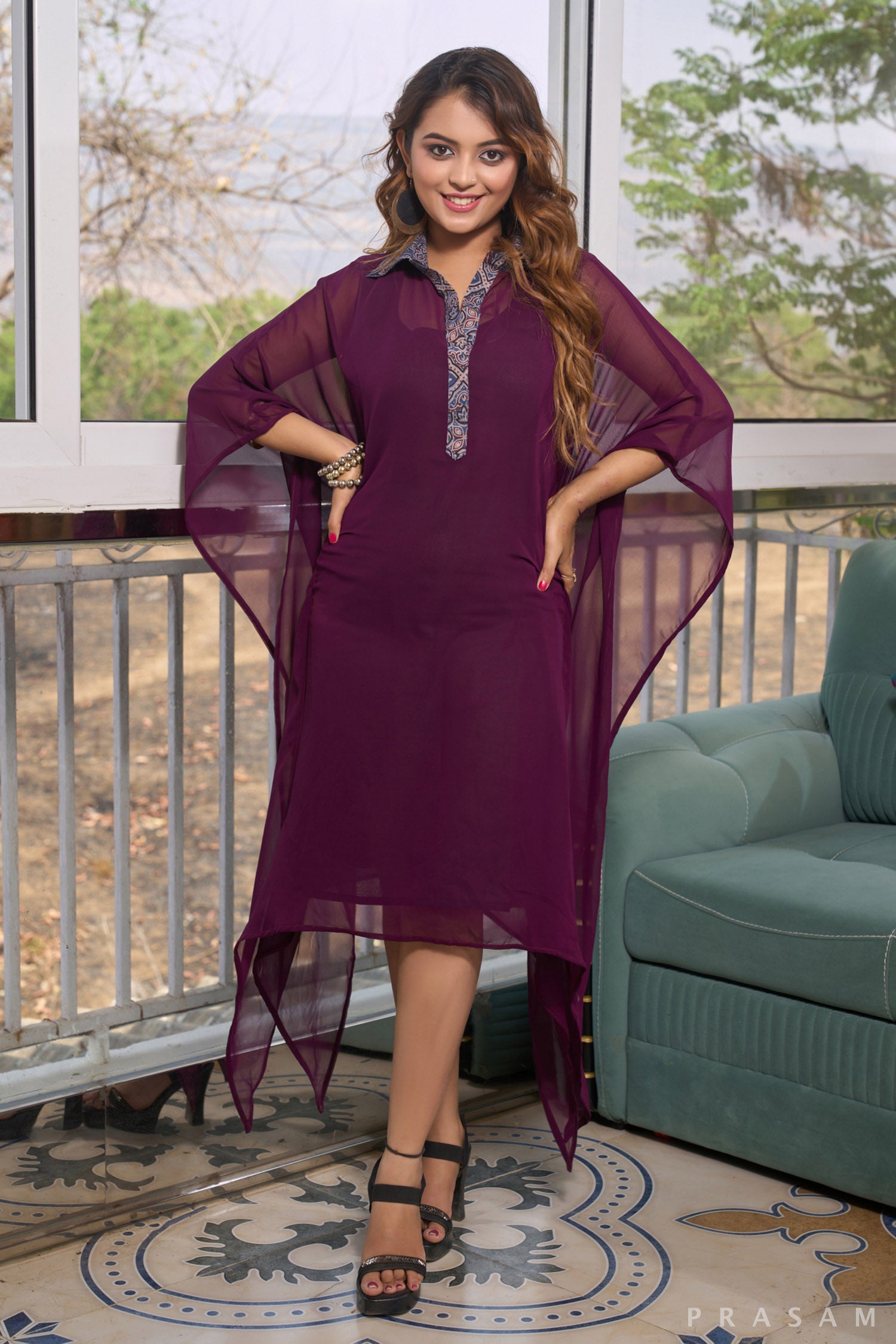 Wineberry  Kaftan with ajrakh trims