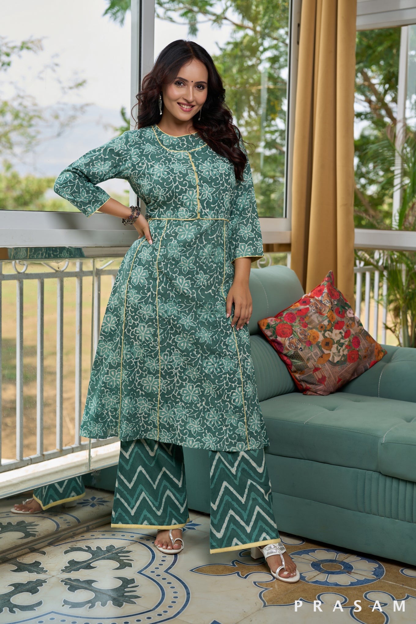 Seaglass Teal Green Bagru Printed Kurta Set