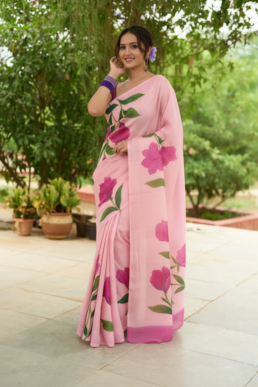 Lilac Hibiscus Lyrics Hand Crafted Floral Motifs Pure Silk Saree