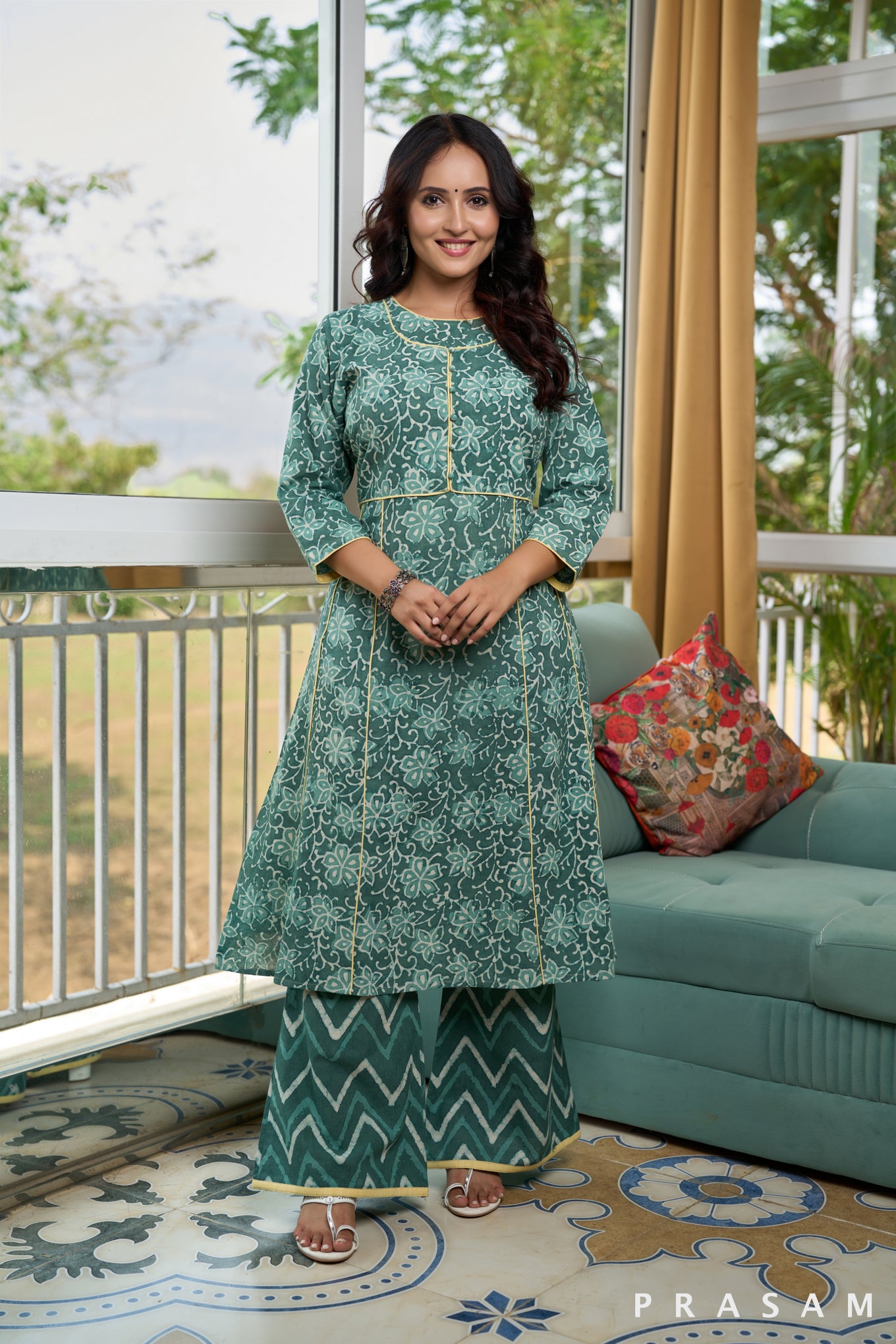 Seaglass Teal Green Bagru Printed Kurta Set