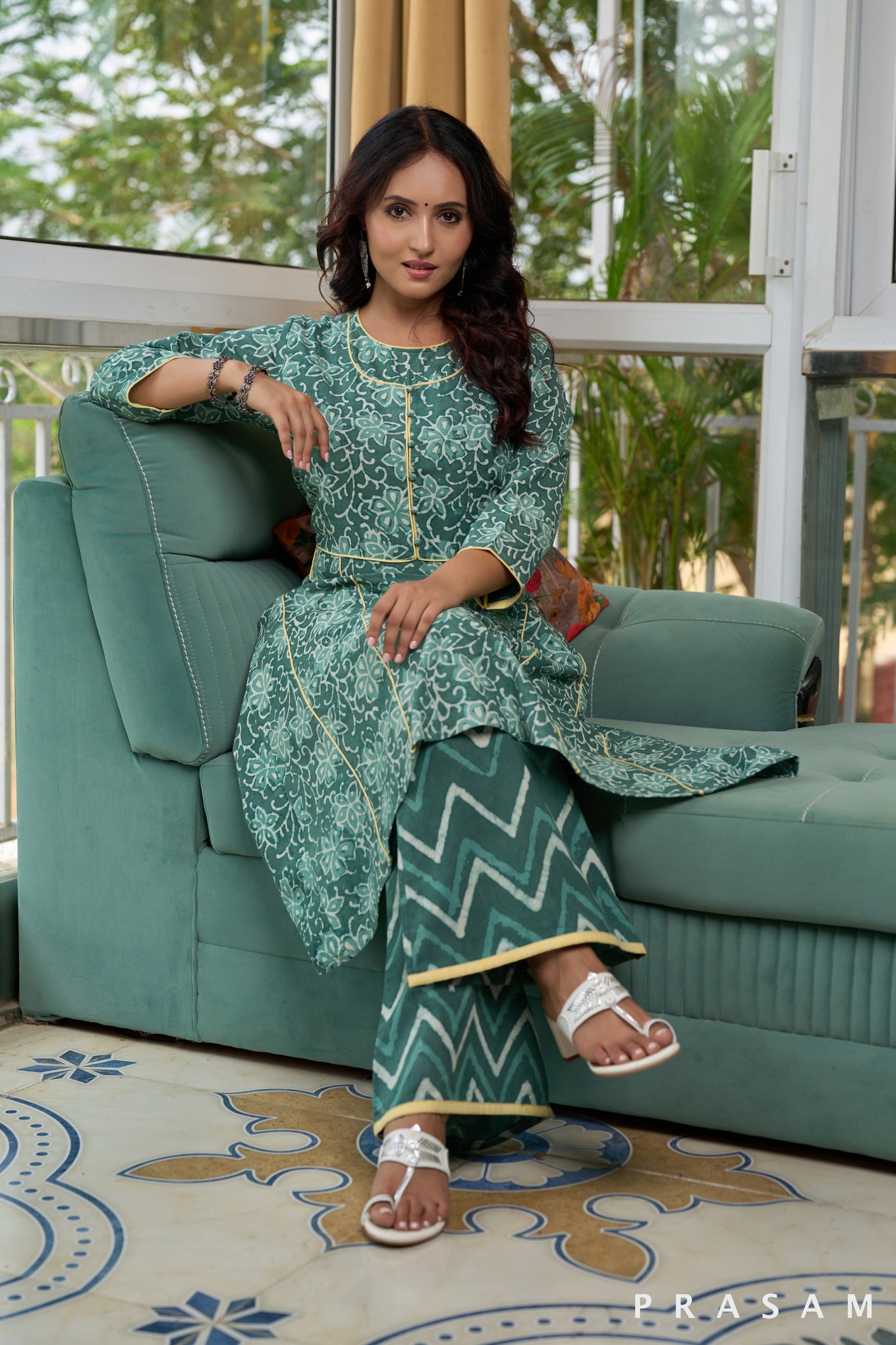 Seaglass Teal Green Bagru Printed Kurta Set