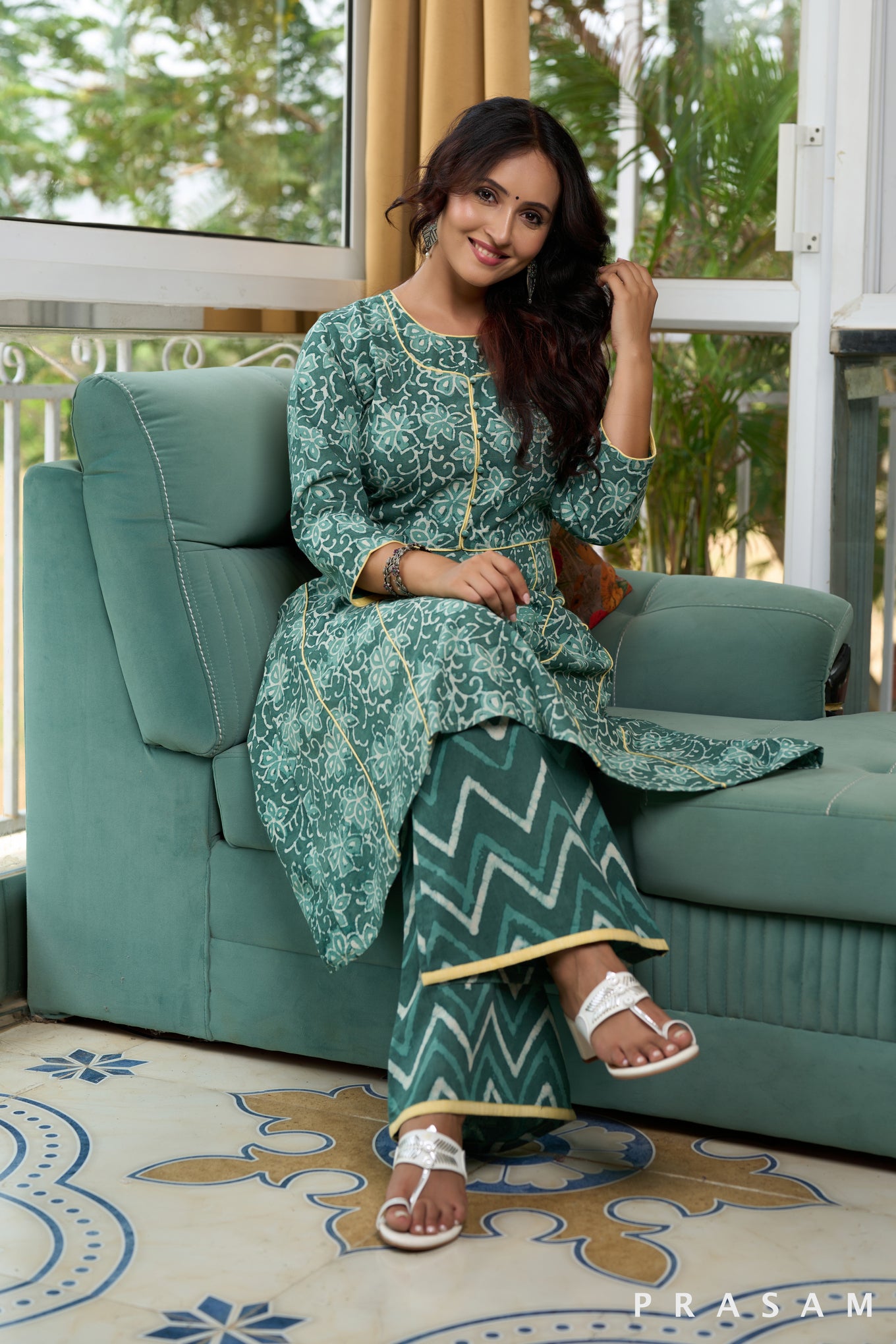 Seaglass Teal Green Bagru Printed Kurta Set