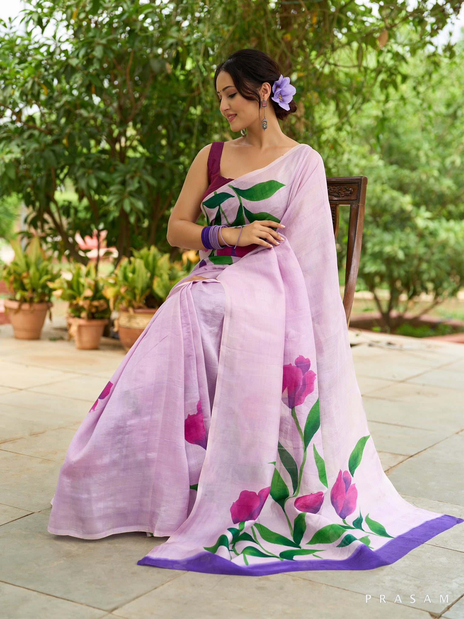 Lilac Hibiscus Lyrics Hand Crafted Floral Motifs Pure Silk Saree