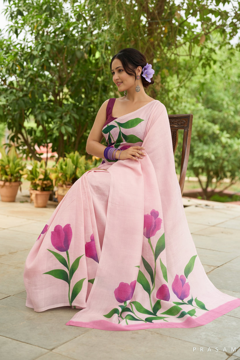 Lilac Hibiscus Lyrics Hand Crafted Floral Motifs Pure Silk Saree