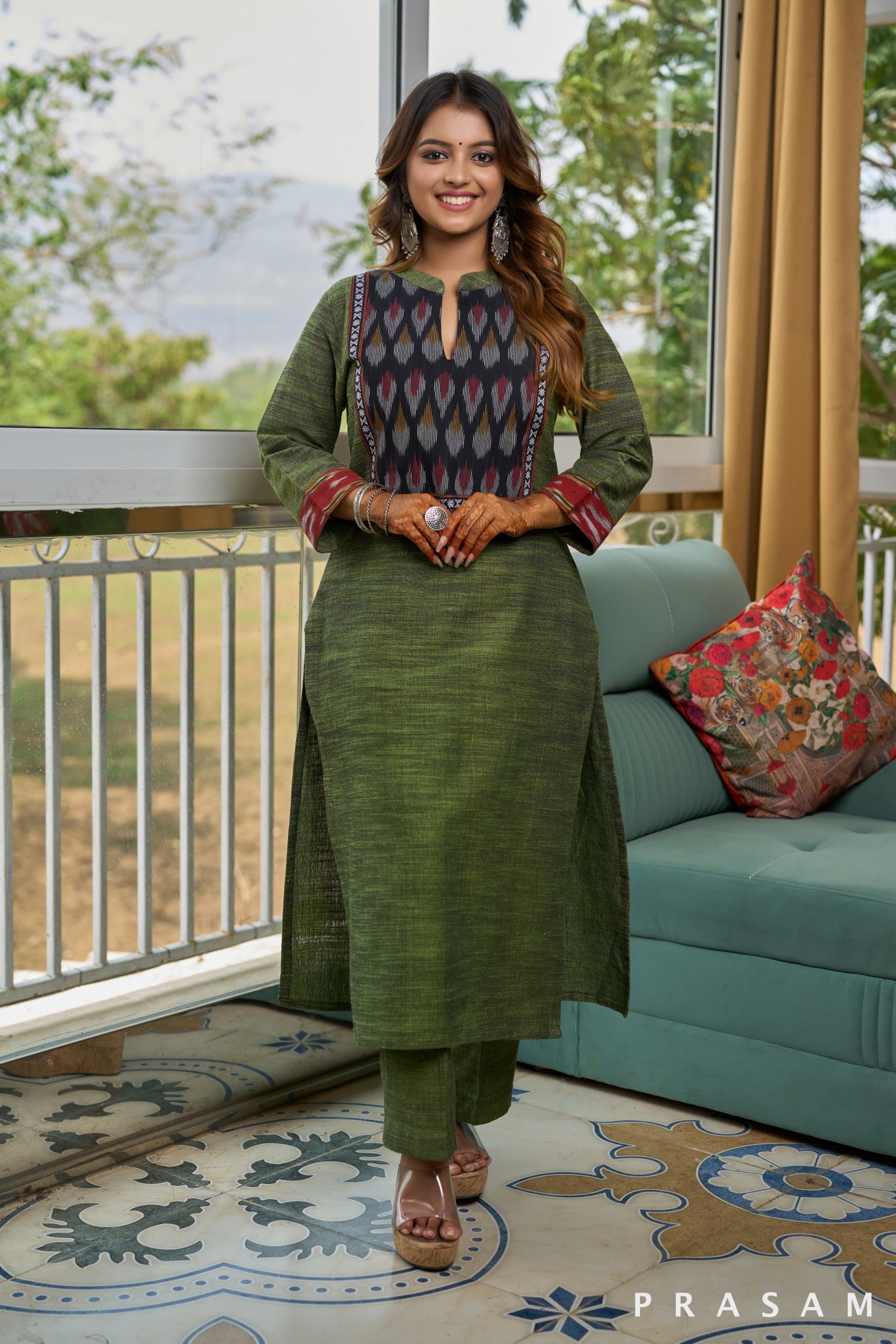 Celadon Olive Green Ikat Yoke Handloom Kurti (Optional Pants)