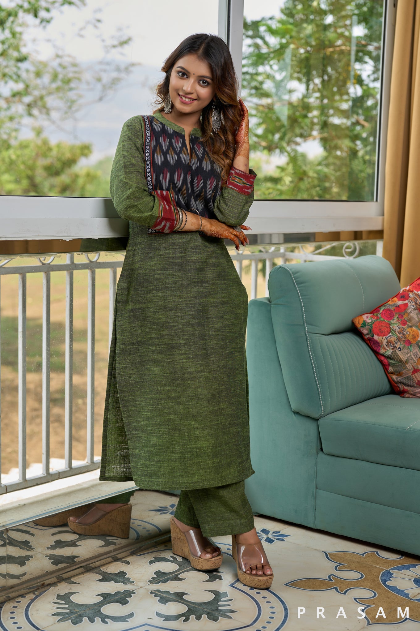 Celadon Olive Green Ikat Yoke Handloom Kurti (Optional Pants)