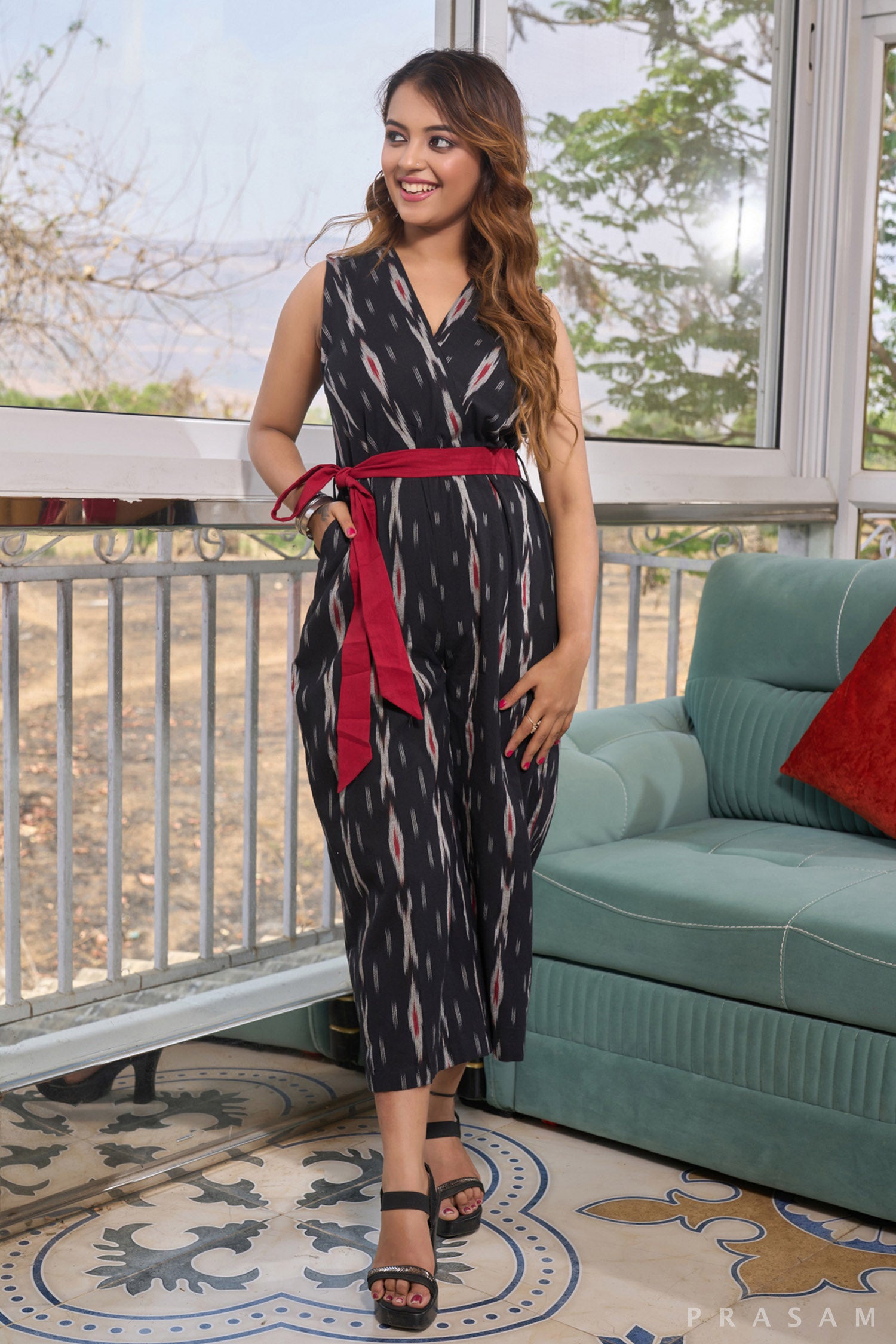 Midnight Elegance Jumpsuit with Maroon Belt