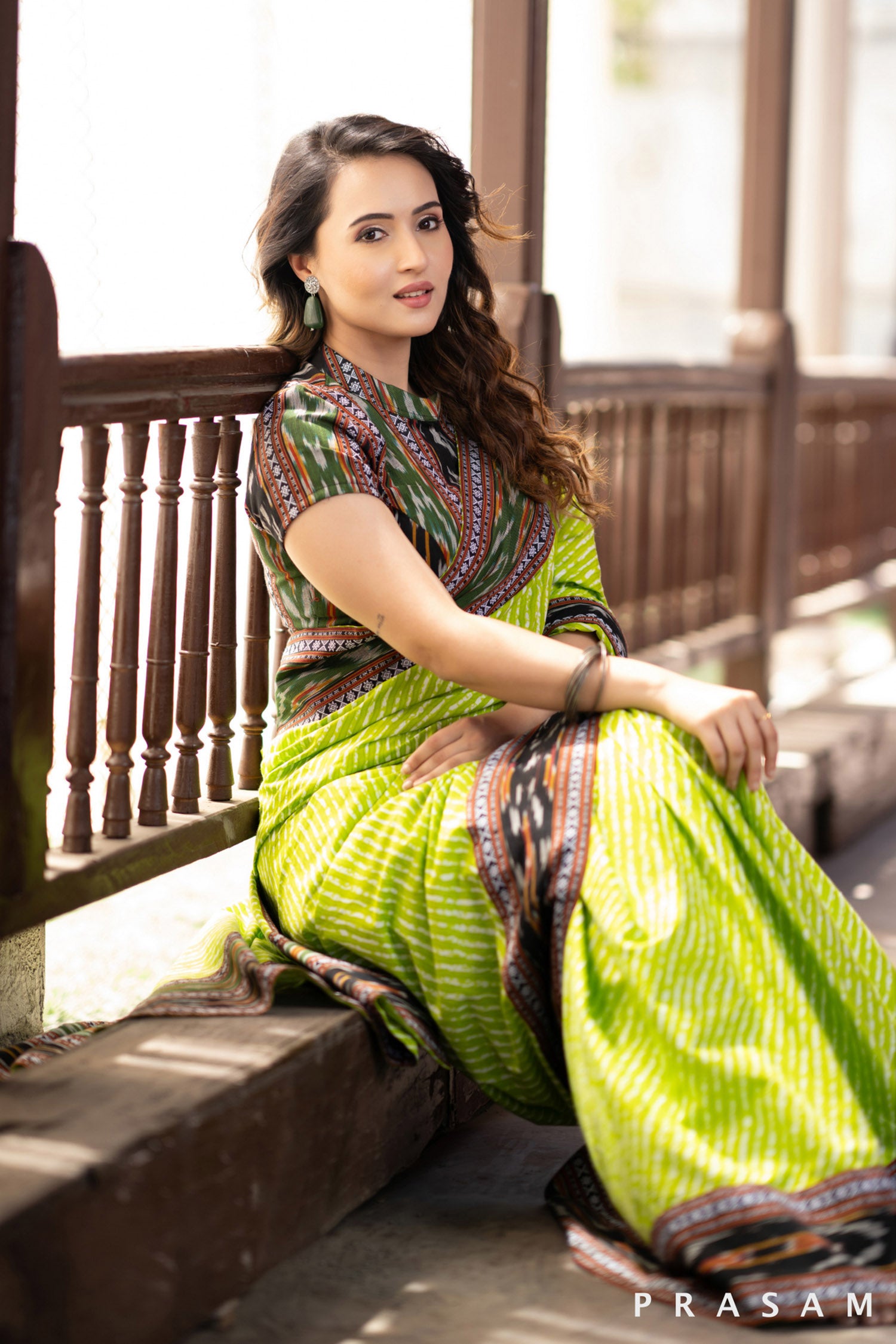 Indy Bliss Green leheriya mul saree with ikat border