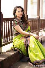 Indy Bliss Green leheriya mul saree with ikat border
