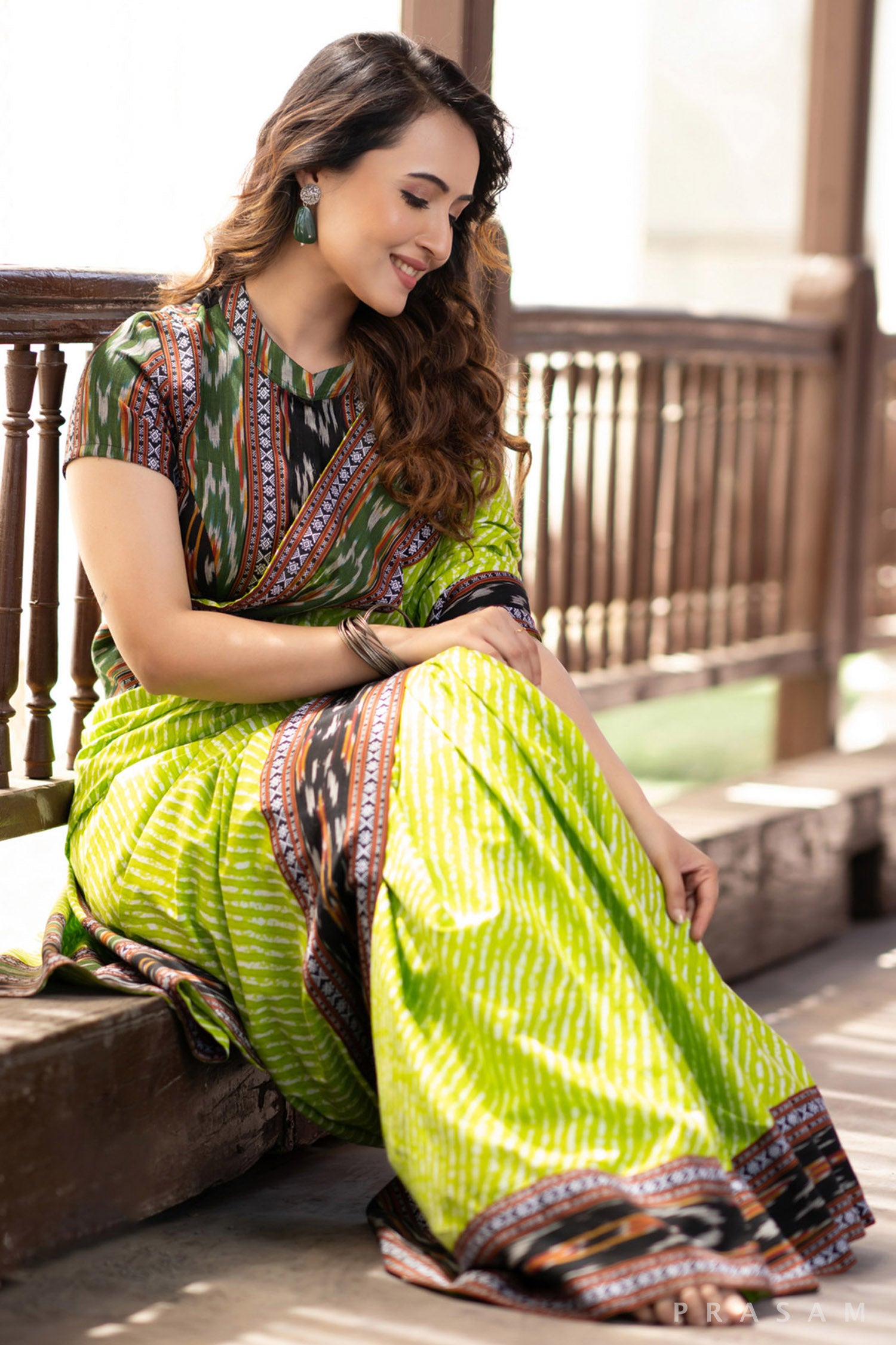 Indy Bliss Green leheriya mul saree with ikat border