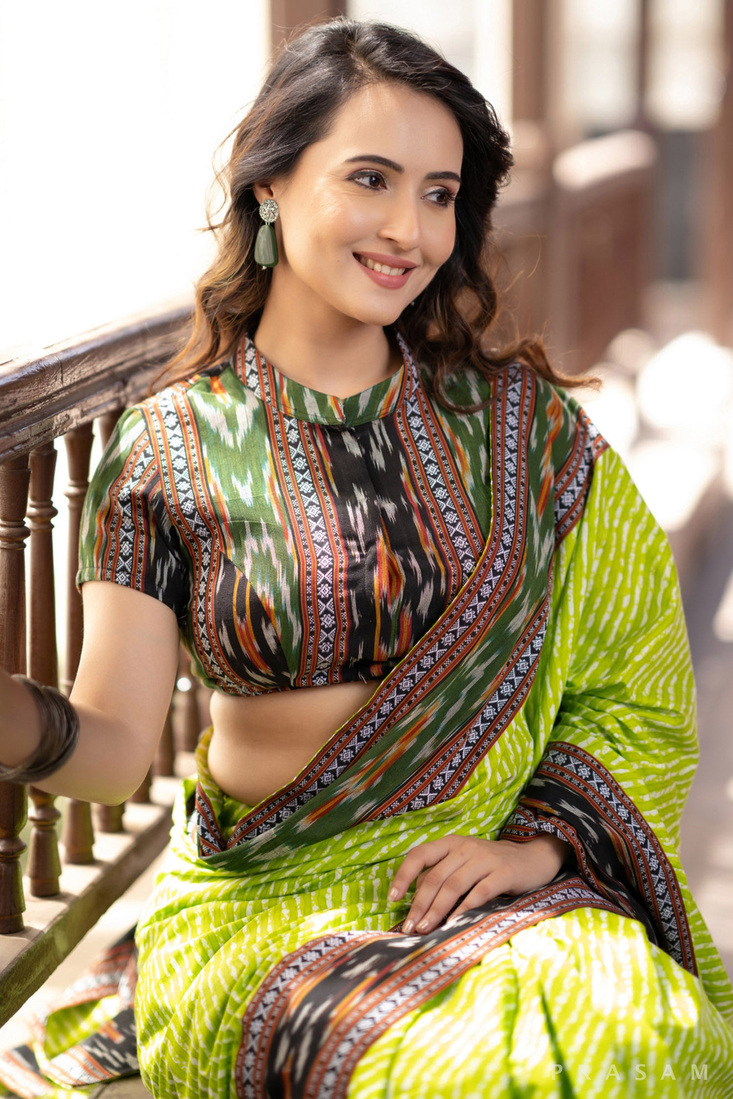 Indy Bliss Green leheriya mul saree with ikat border