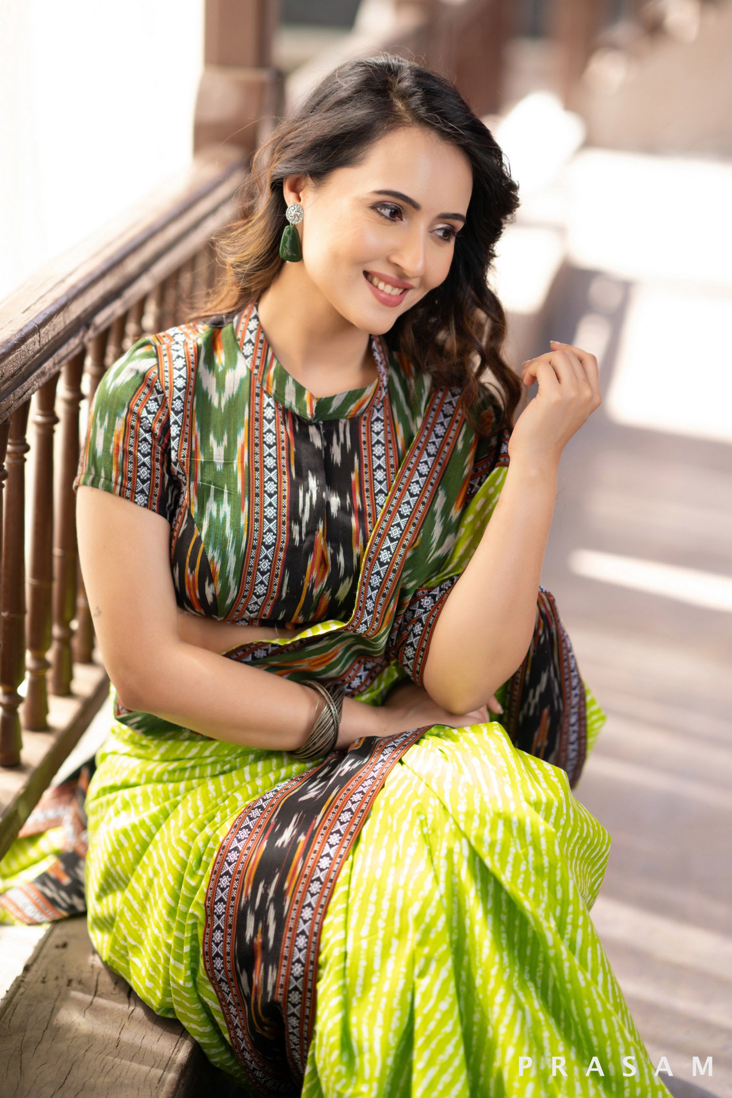 Indy Bliss Green leheriya mul saree with ikat border