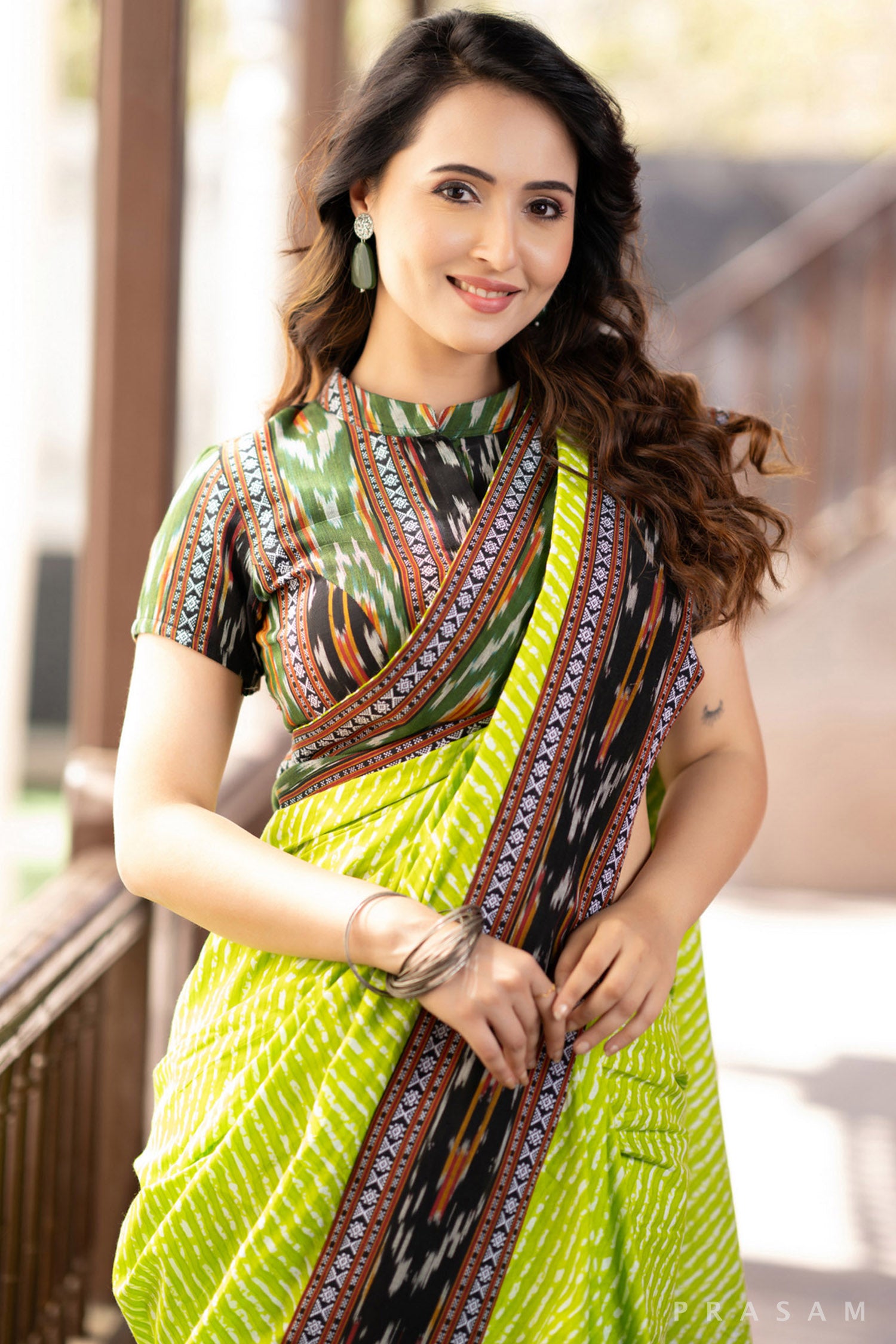 Indy Bliss Green leheriya mul saree with ikat border