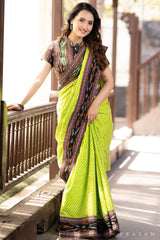 Indy Bliss Green leheriya mul saree with ikat border
