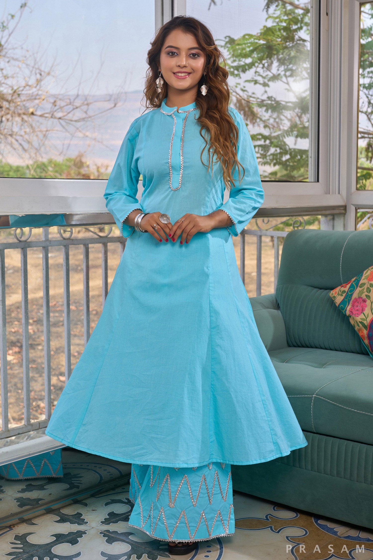 Powder Blue Elegance kalidar kurta set with Silver Gota Trims