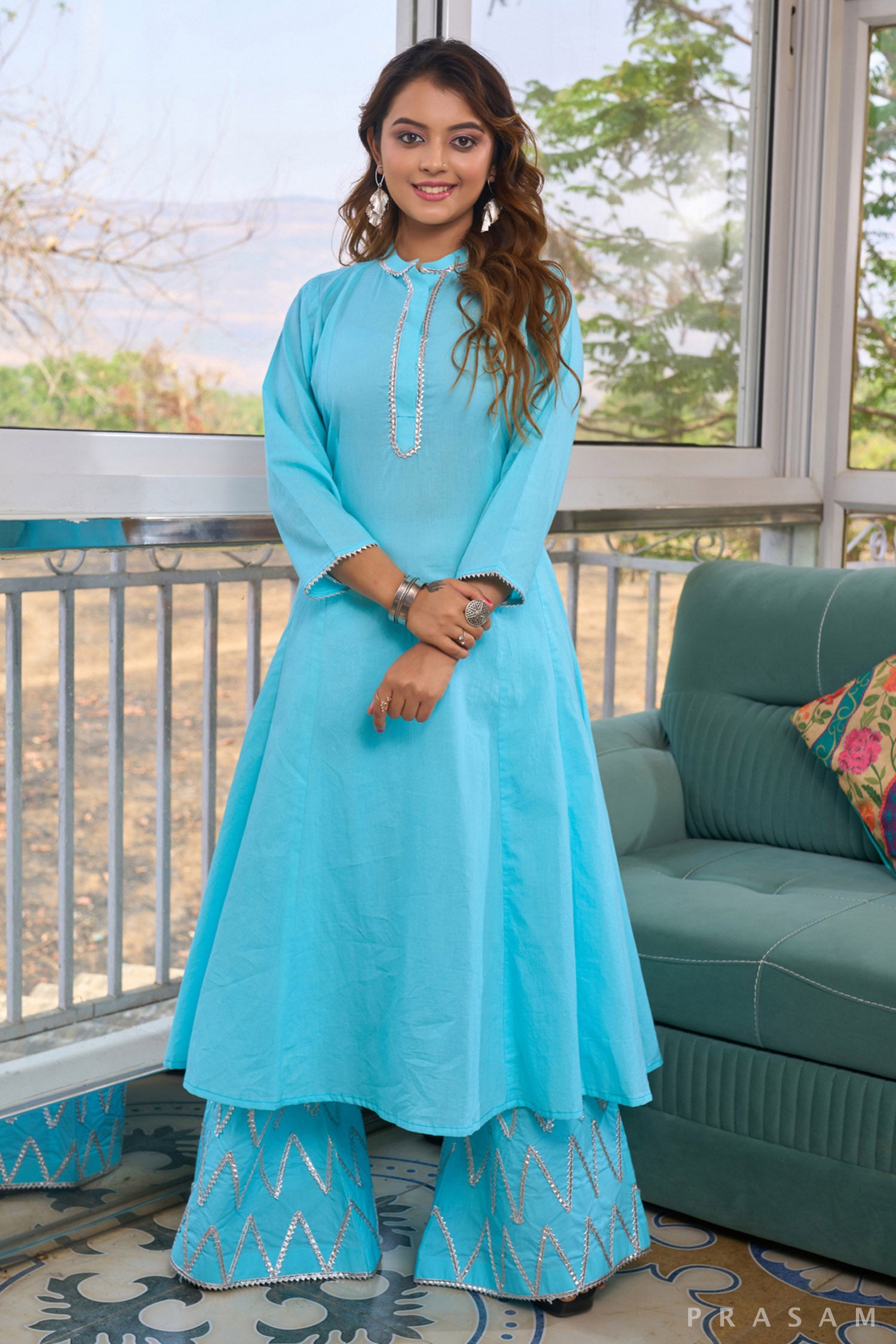 Powder Blue Elegance kalidar kurta set with Silver Gota Trims