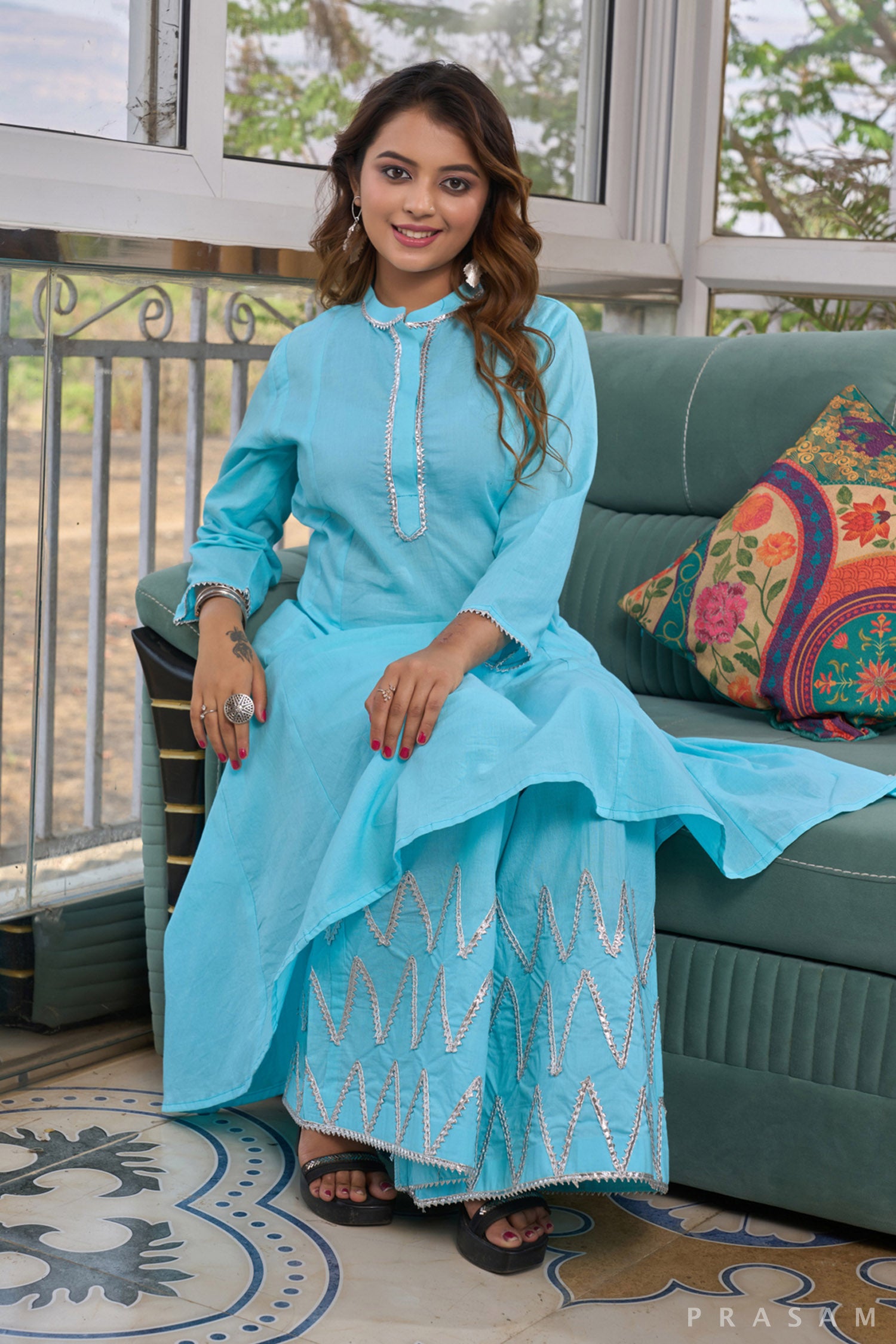 Powder Blue Elegance kalidar kurta set with Silver Gota Trims