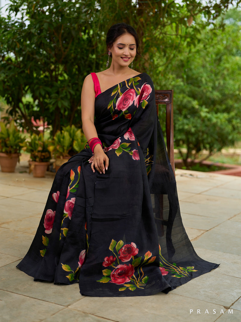 Midnight Rose Symphony Pure silk saree