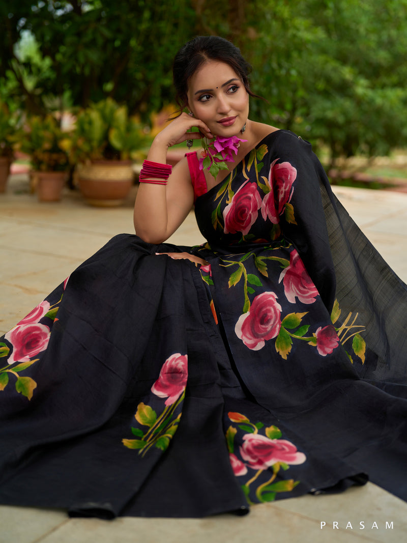 Midnight Rose Symphony Pure silk saree