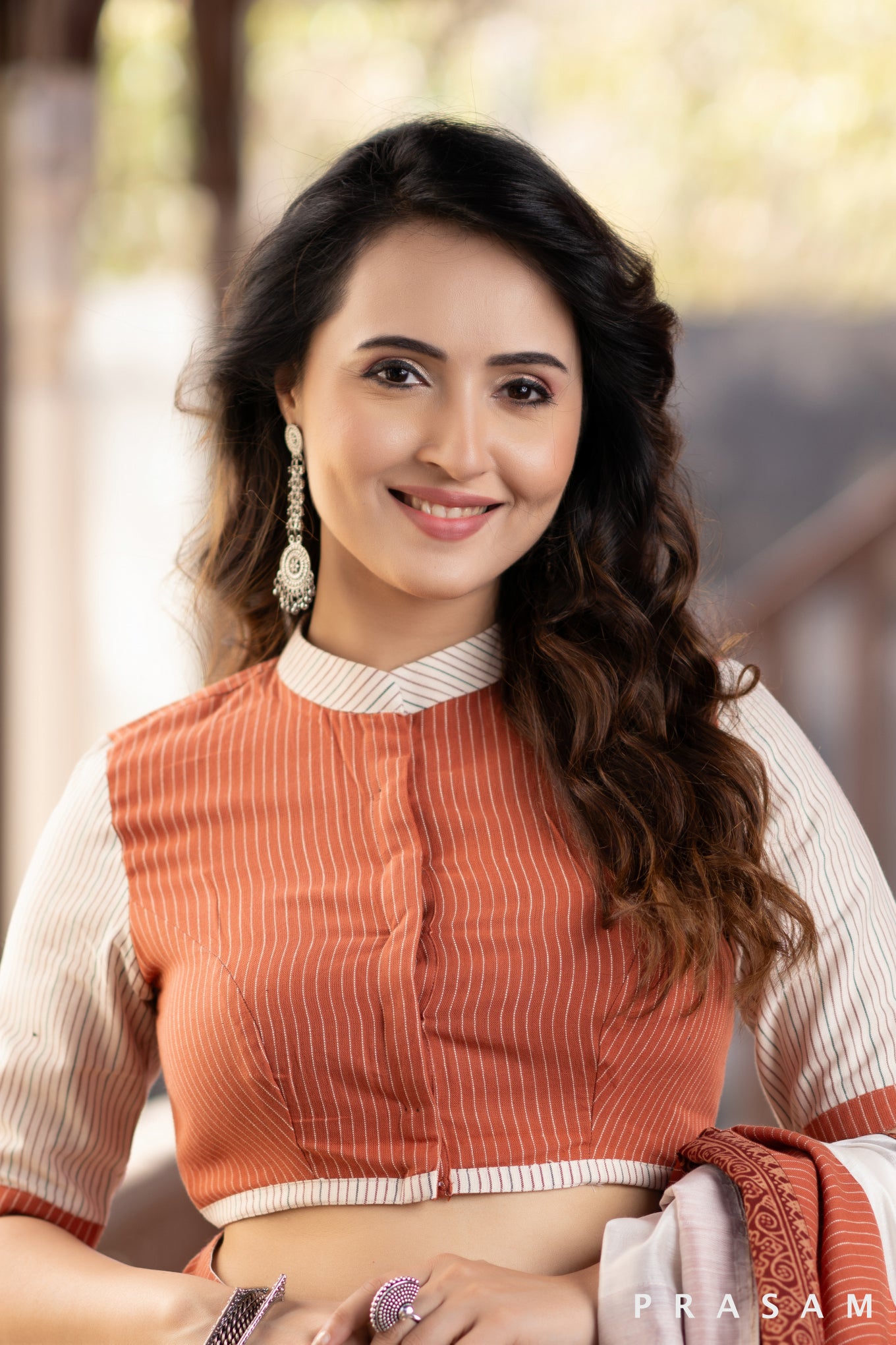 Cotton stripe rust and off white combination blouse