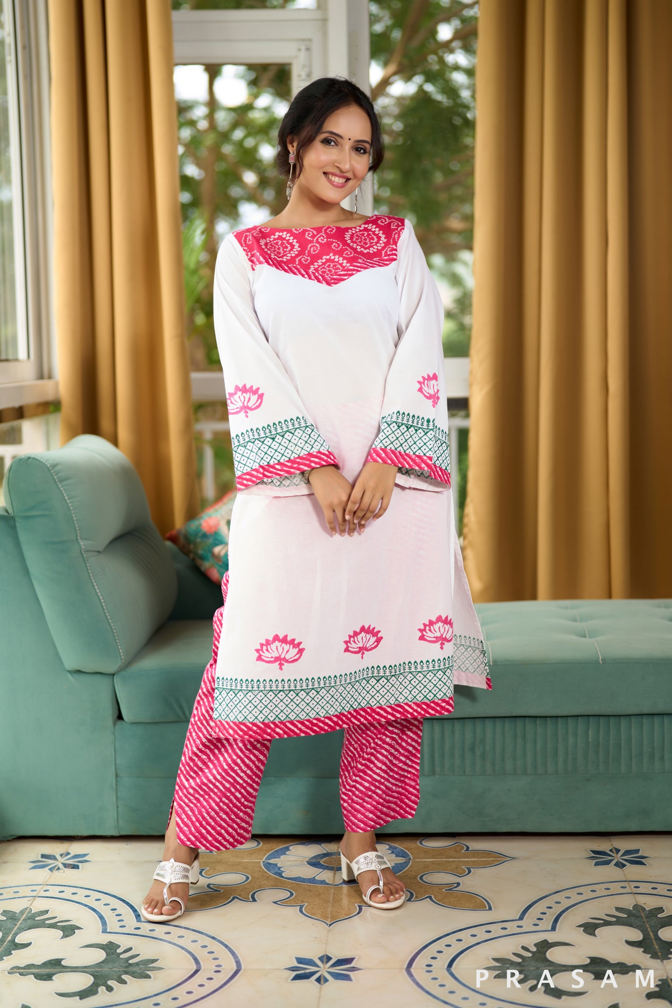 Pink Frost Blossom Block Print Kurta Set with Pink Leheriya