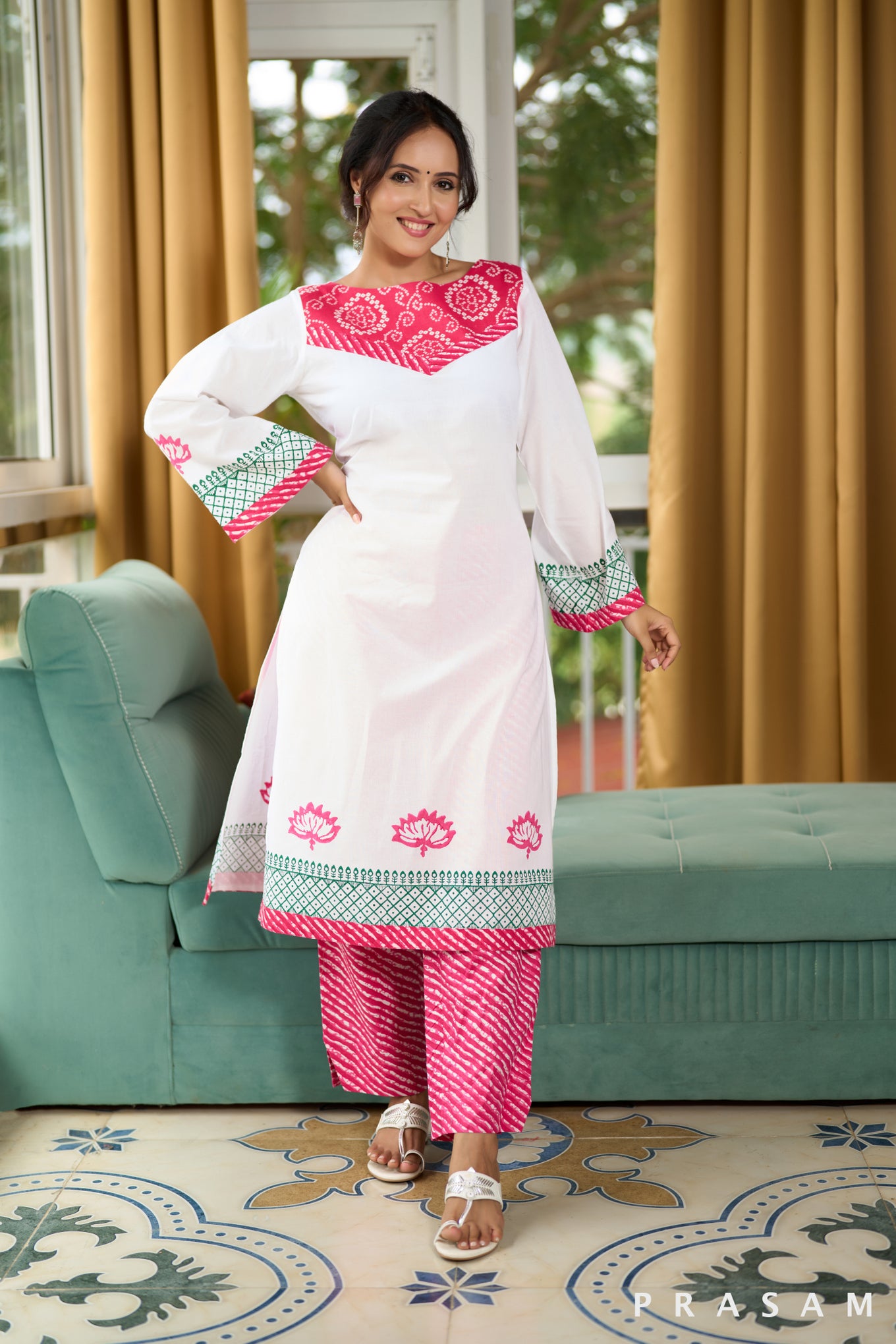 Pink Frost Blossom Block Print Kurta Set with Pink Leheriya