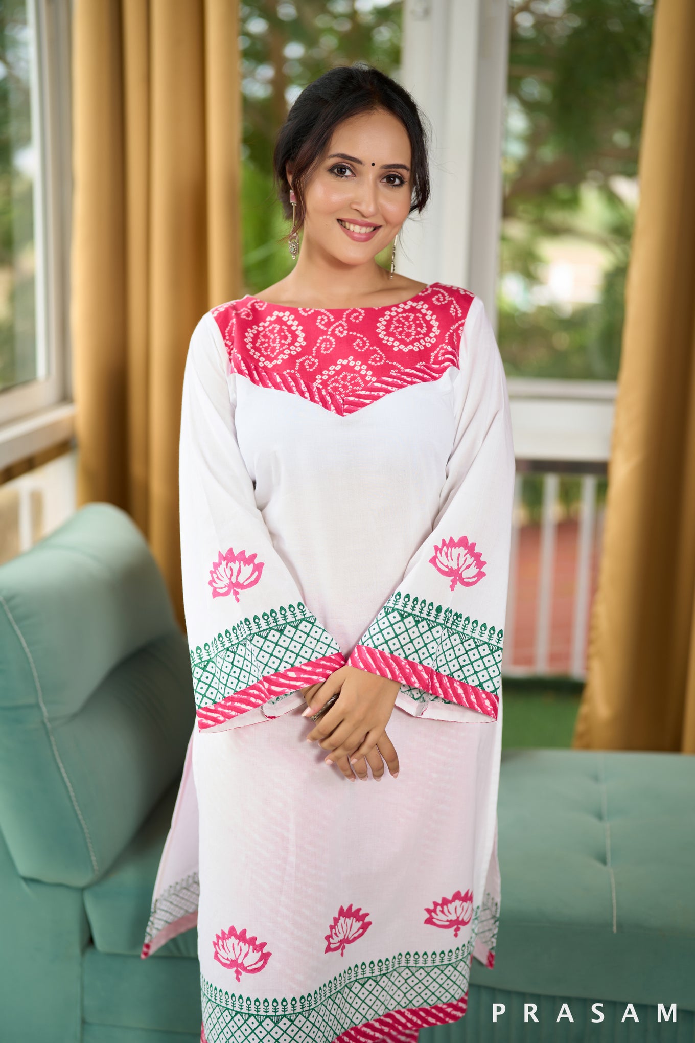 Pink Frost Blossom Block Print Kurta Set with Pink Leheriya