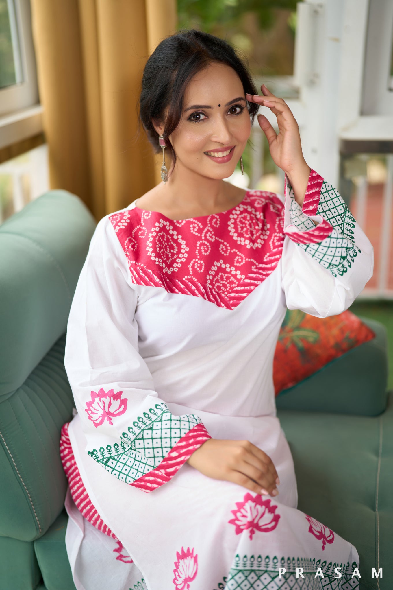 Pink Frost Blossom Block Print Kurta Set with Pink Leheriya