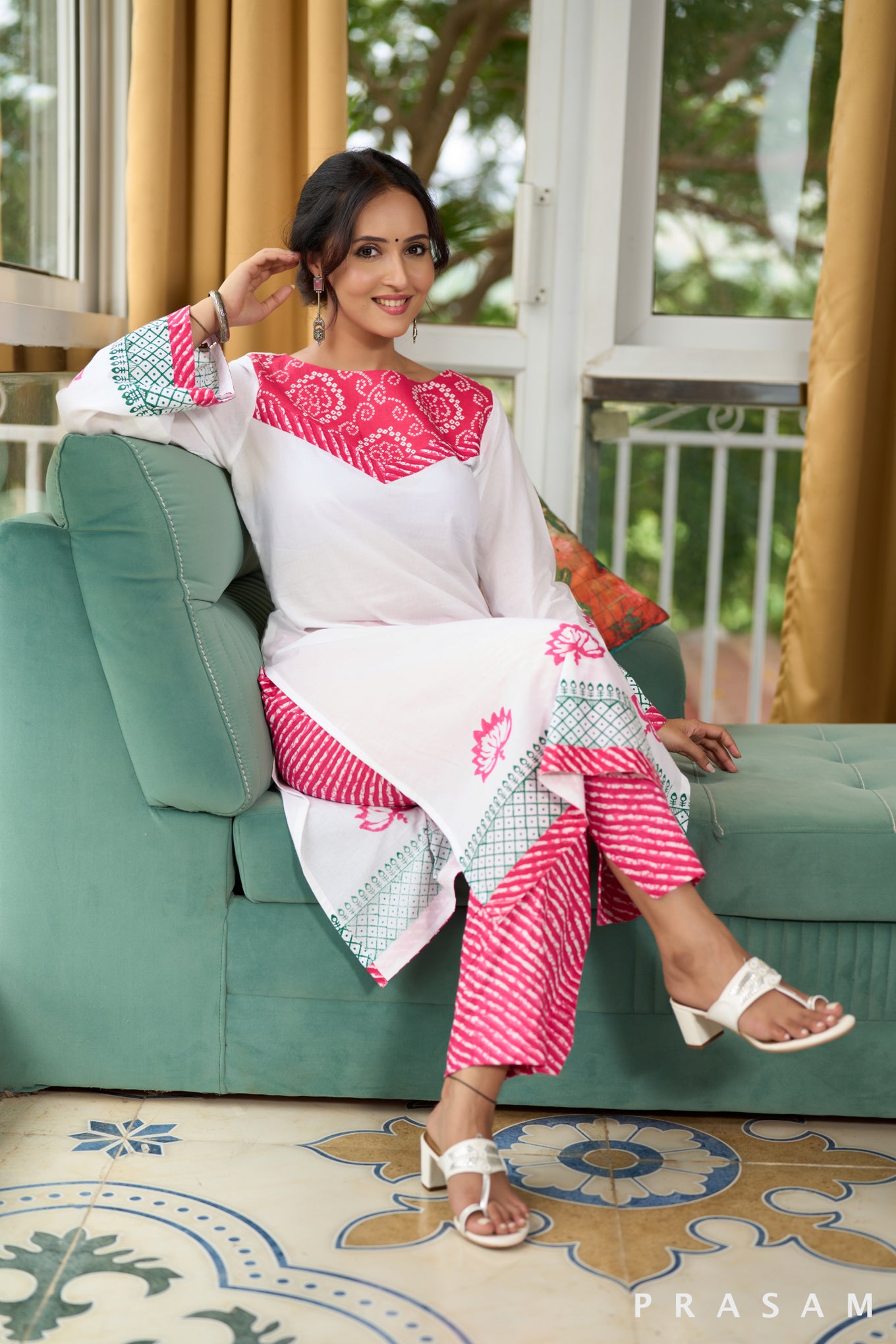 Pink Frost Blossom Block Print Kurta Set with Pink Leheriya