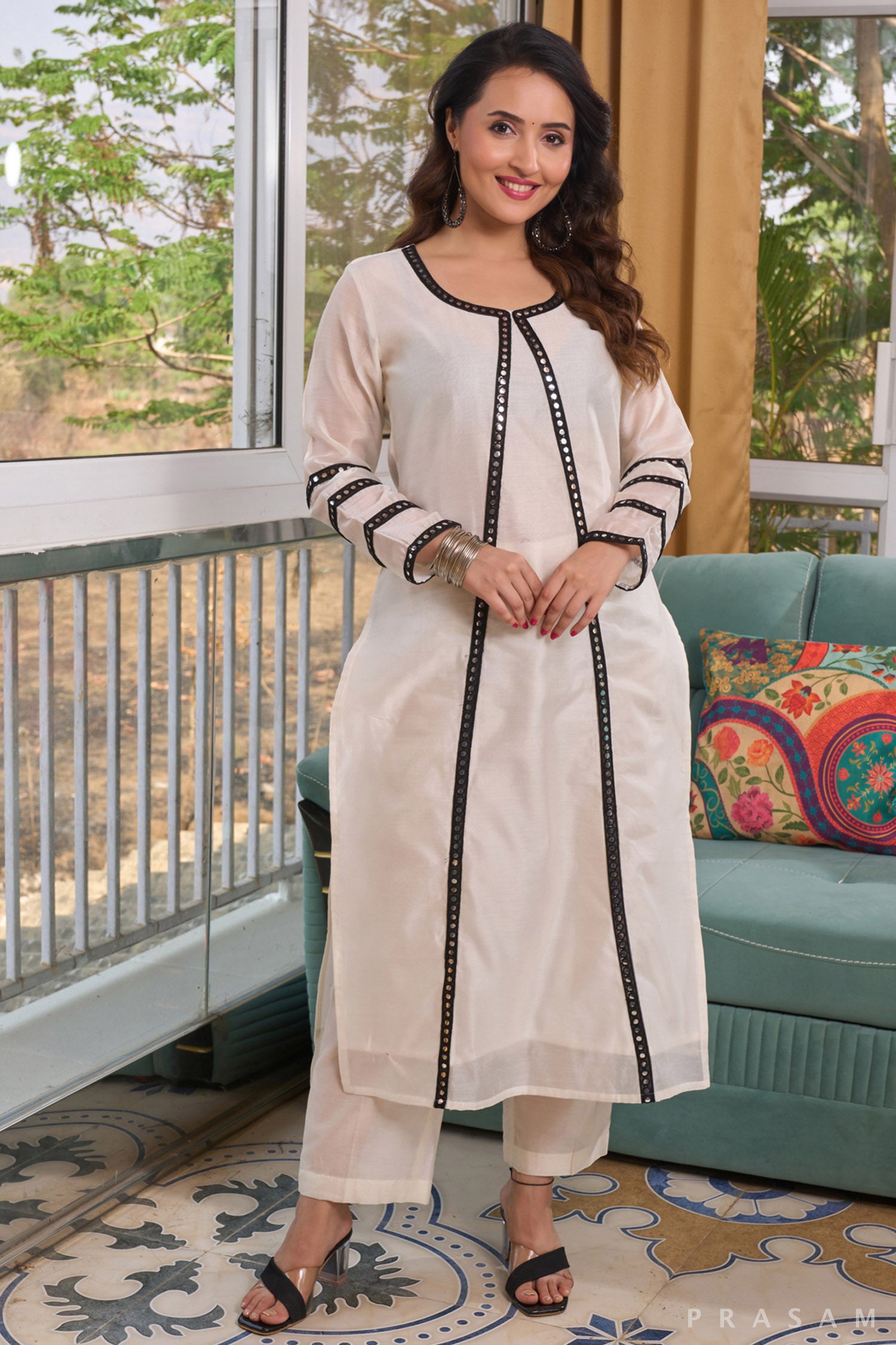 Moonlit Mirror Lace Chanderi Set with black mirror lace trims