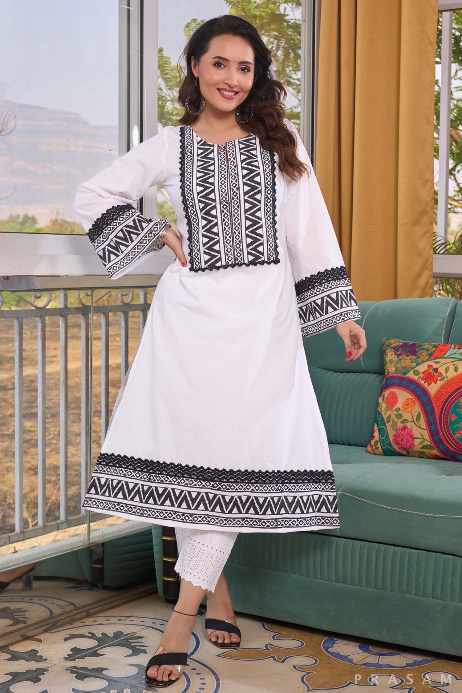 Monochrome Bloom Block Print mul cotton Kurti with black lace trims