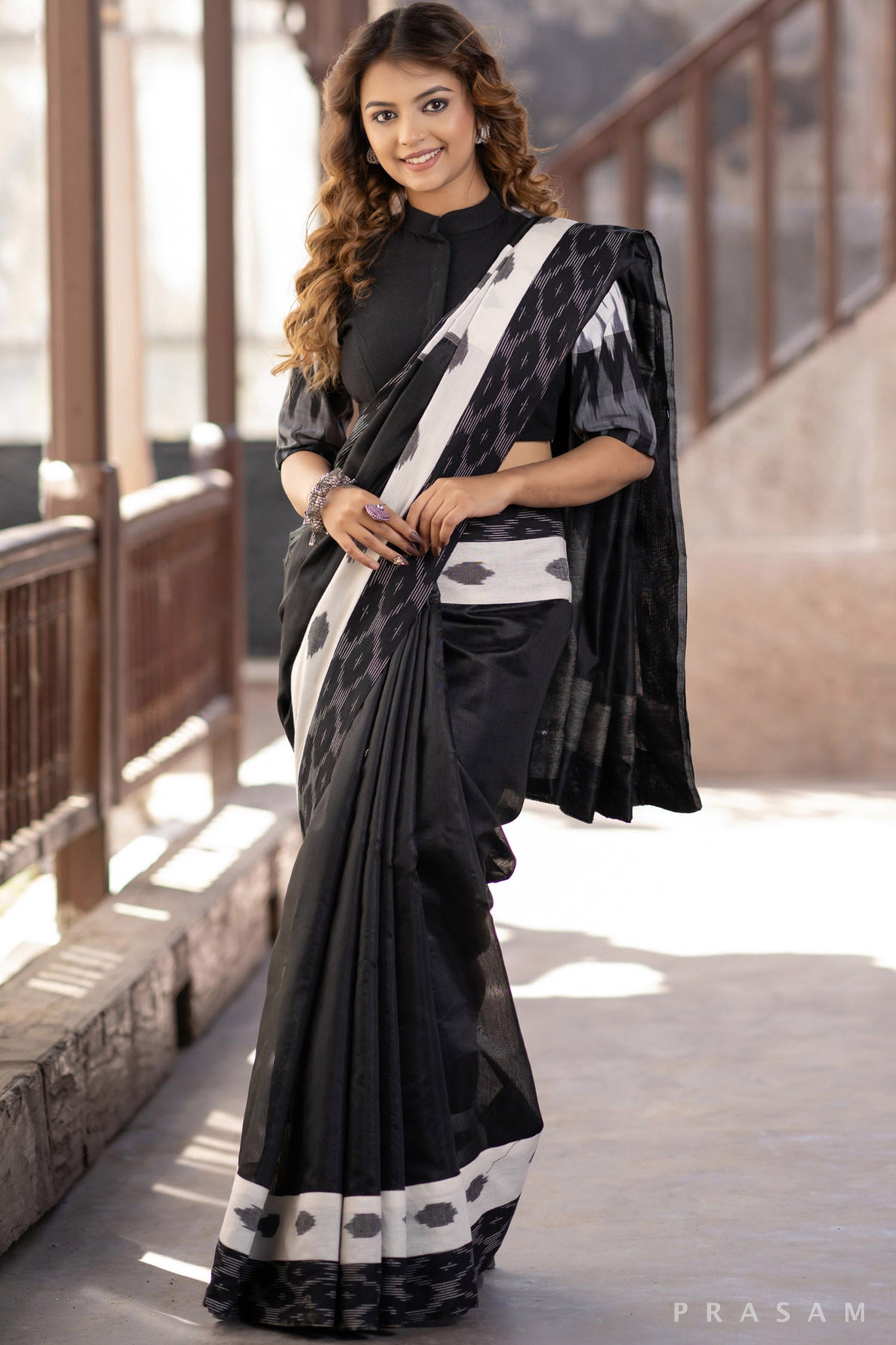 Saundarya Black chanderi saree with ikat borders