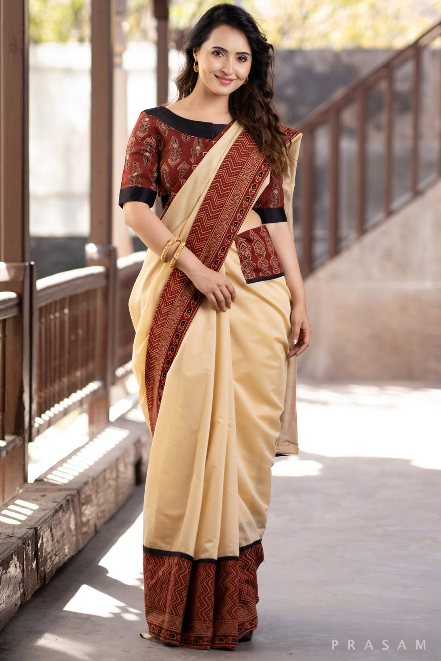 Silken Aura Beige chanderi with ajrakh  border