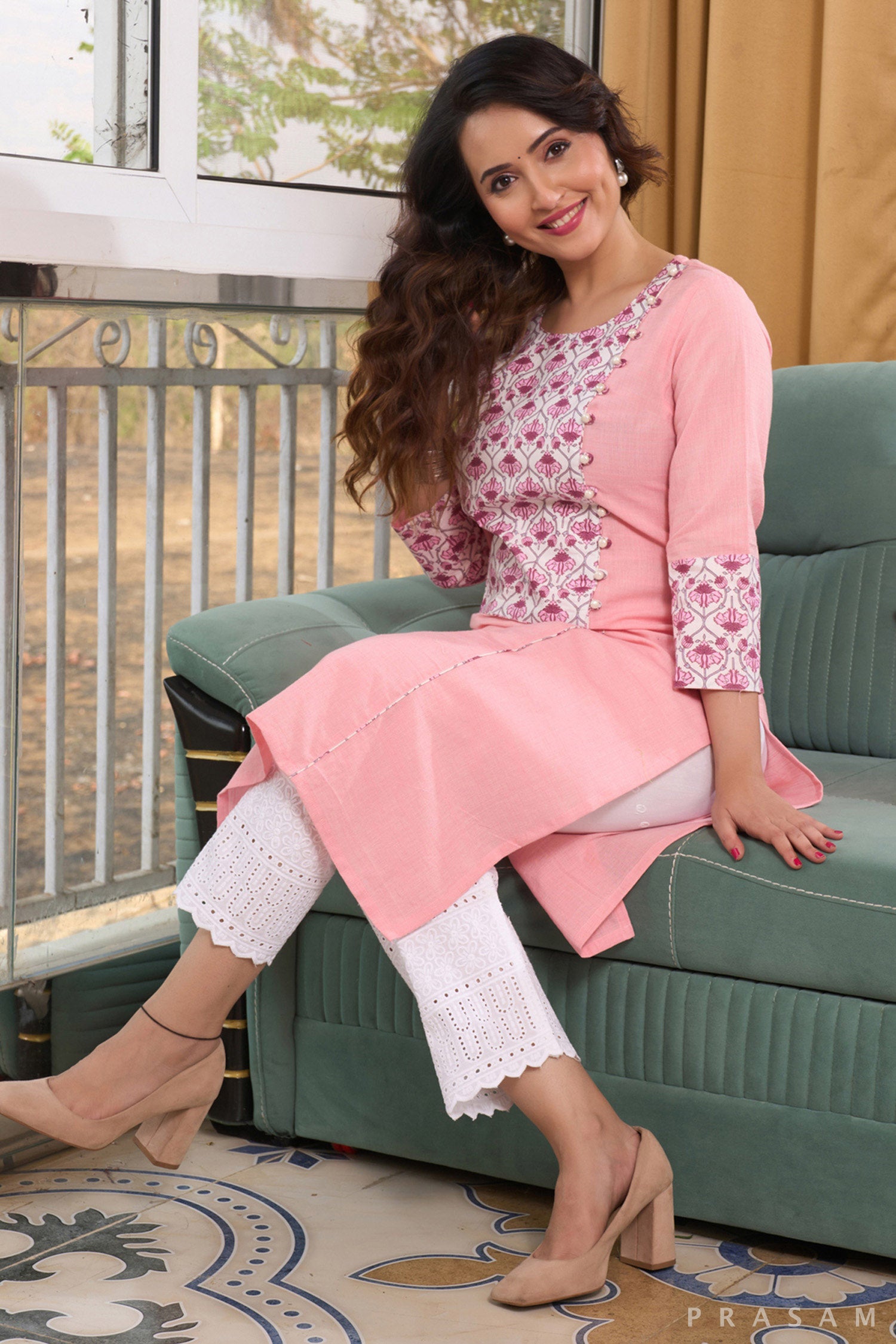 Blush Bliss Handloom Kurti with block print detail