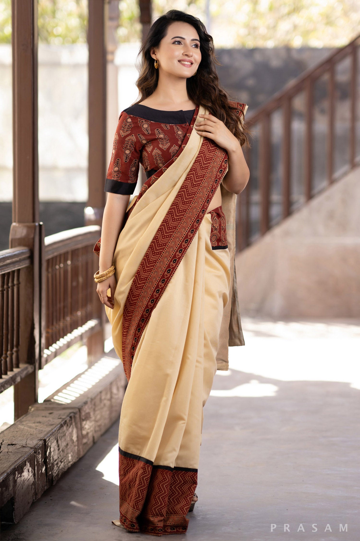 Silken Aura Beige chanderi with ajrakh  border