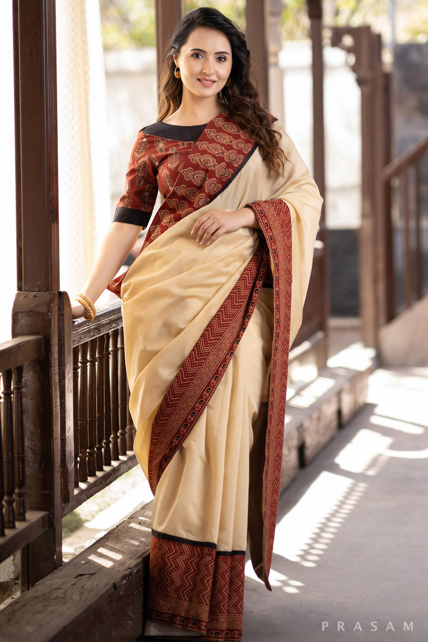 Silken Aura Beige chanderi with ajrakh  border