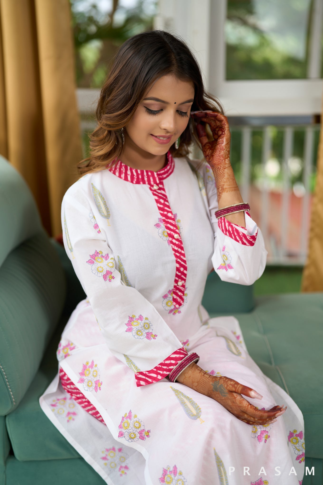 Crystal Arctic White Cotton Block Print Kurta Set with Leheriya Touch