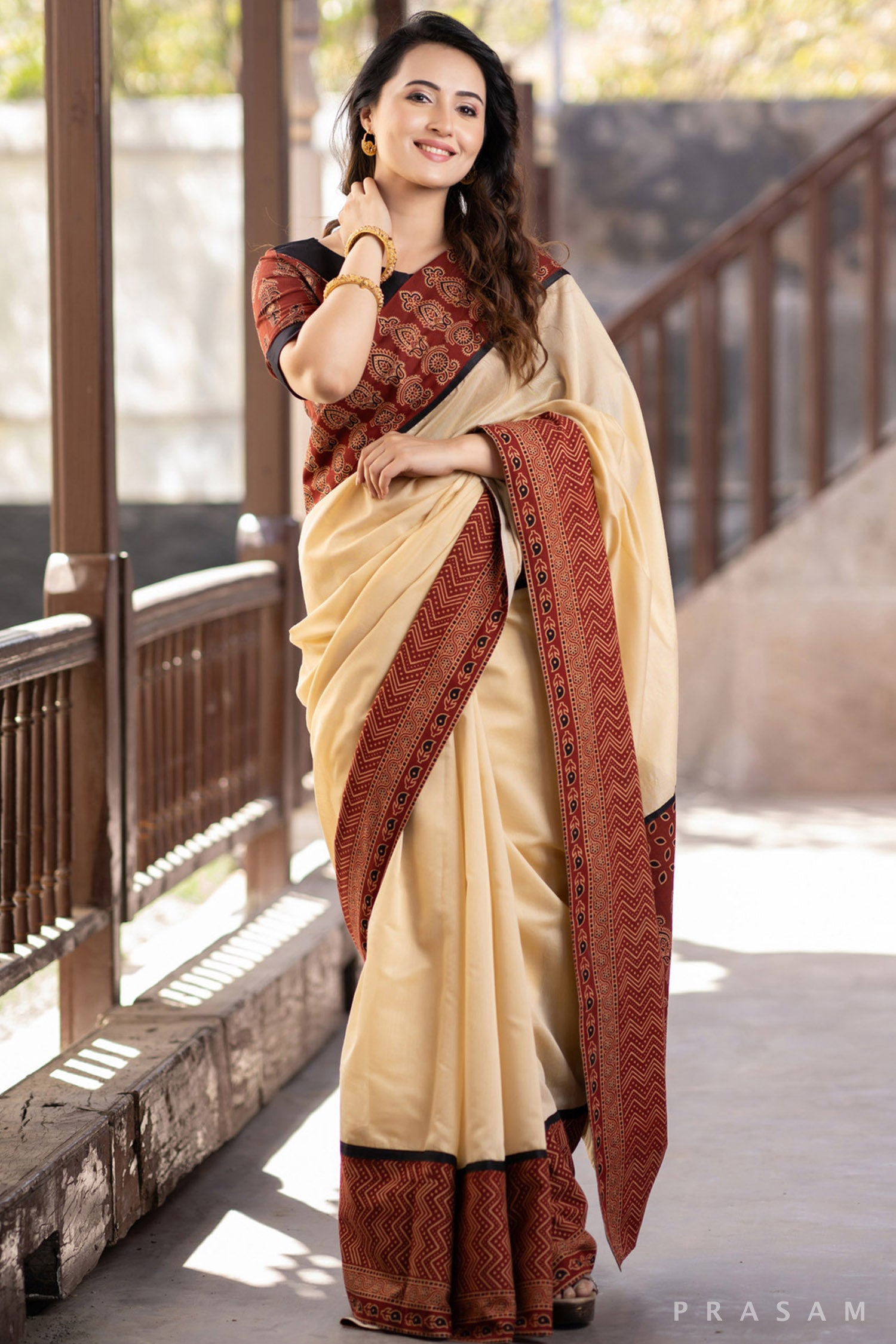 Silken Aura Beige chanderi with ajrakh  border