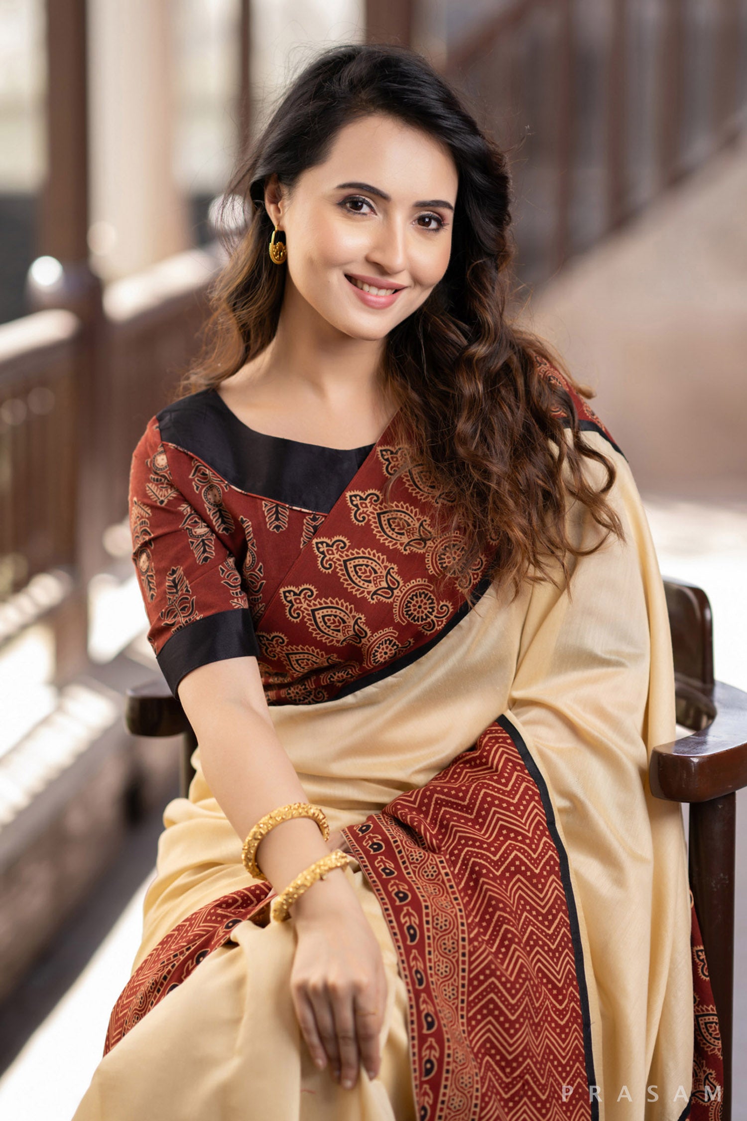 Silken Aura Beige chanderi with ajrakh  border