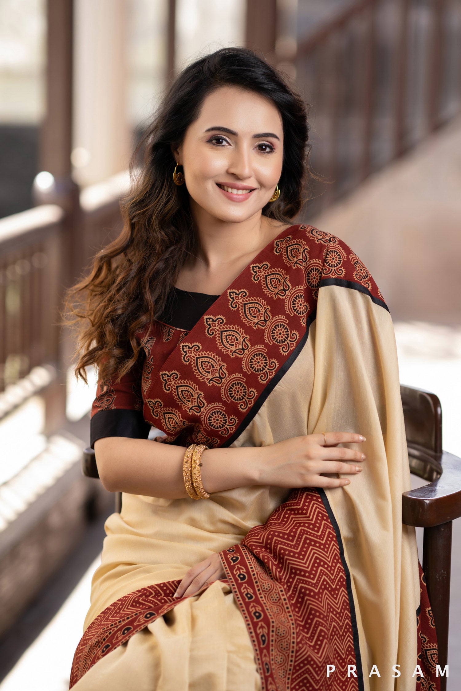 Silken Aura Beige chanderi with ajrakh  border