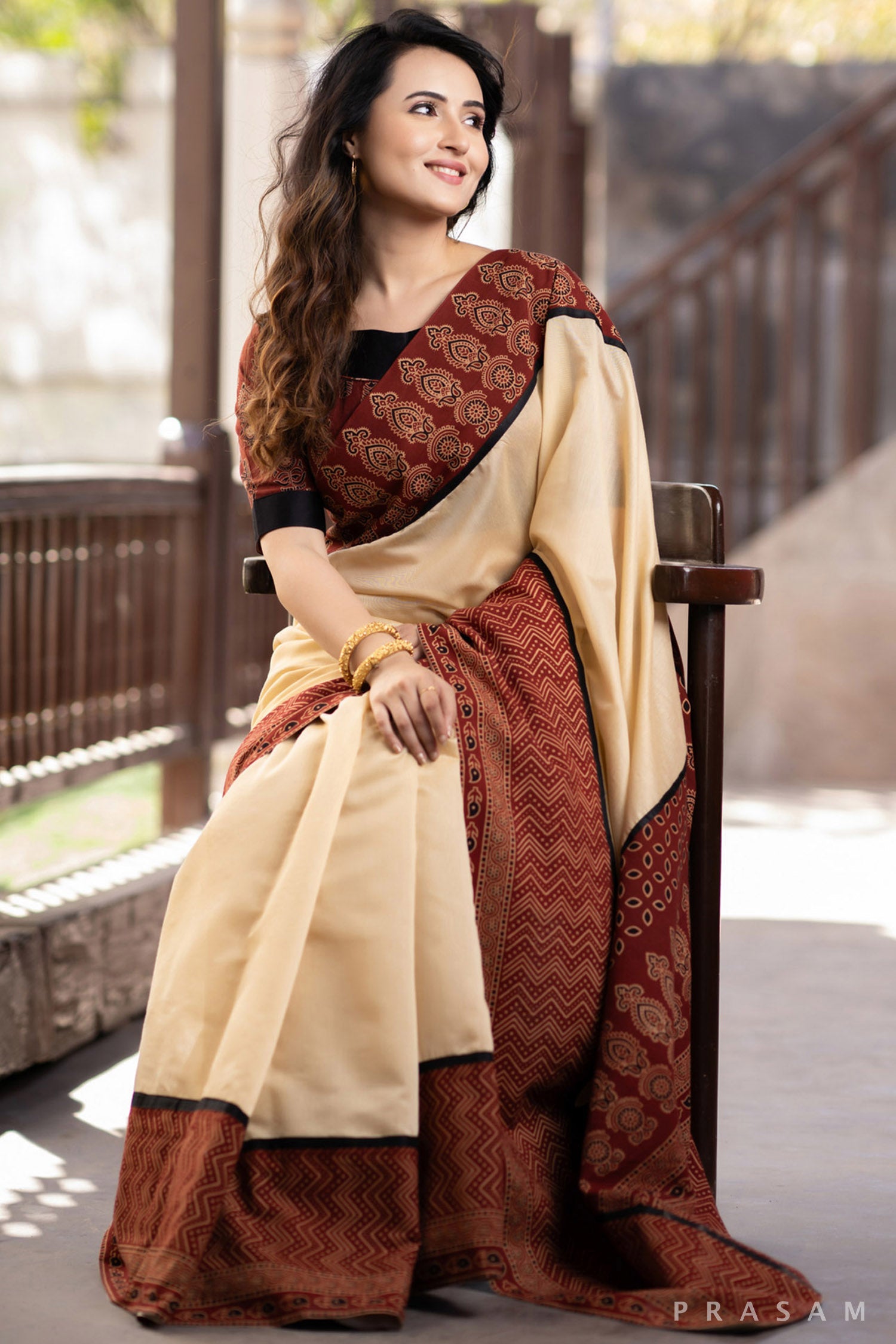 Silken Aura Beige chanderi with ajrakh  border