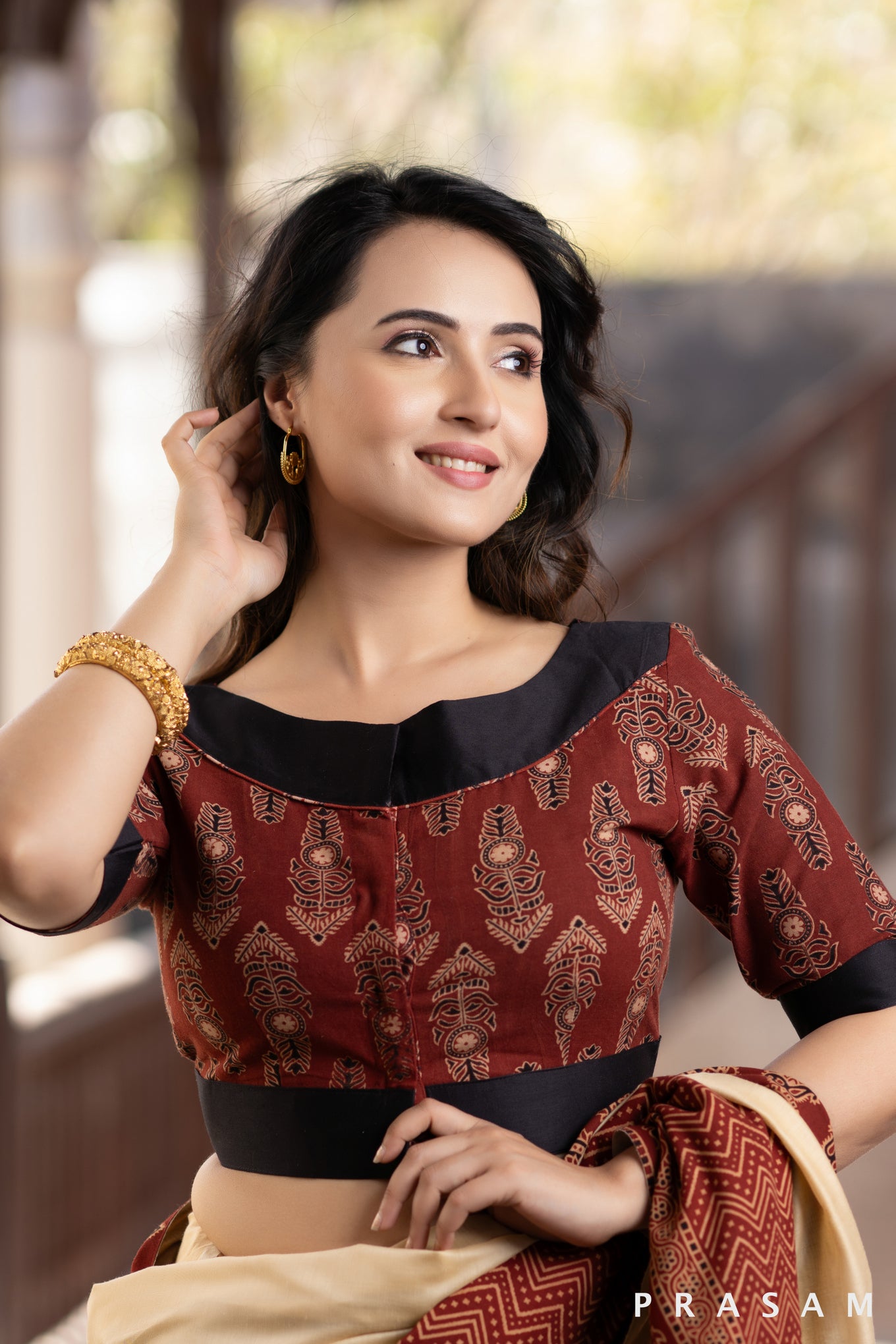 Maroon cotton ajrakh blouse with black trims