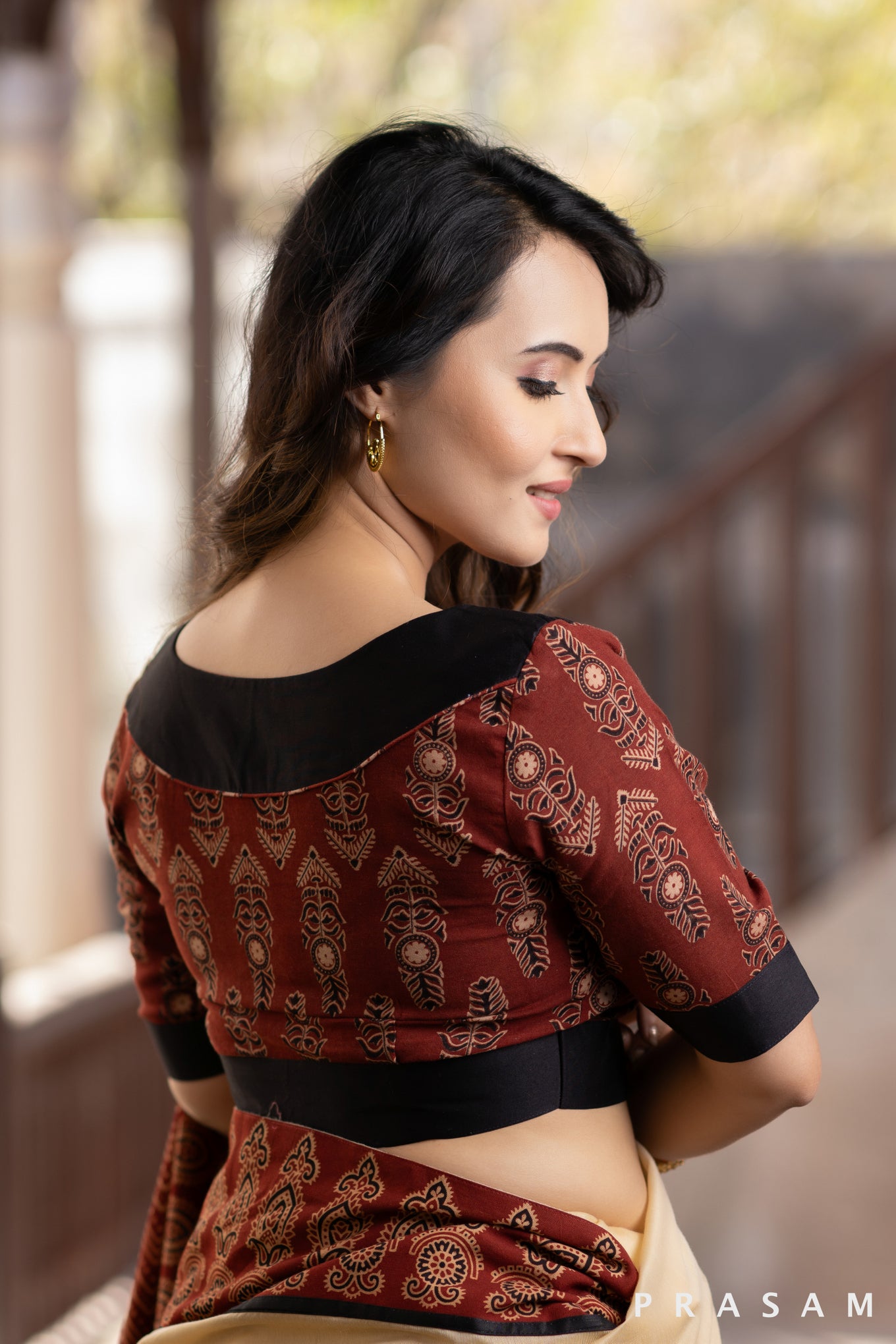 Maroon cotton ajrakh blouse with black trims