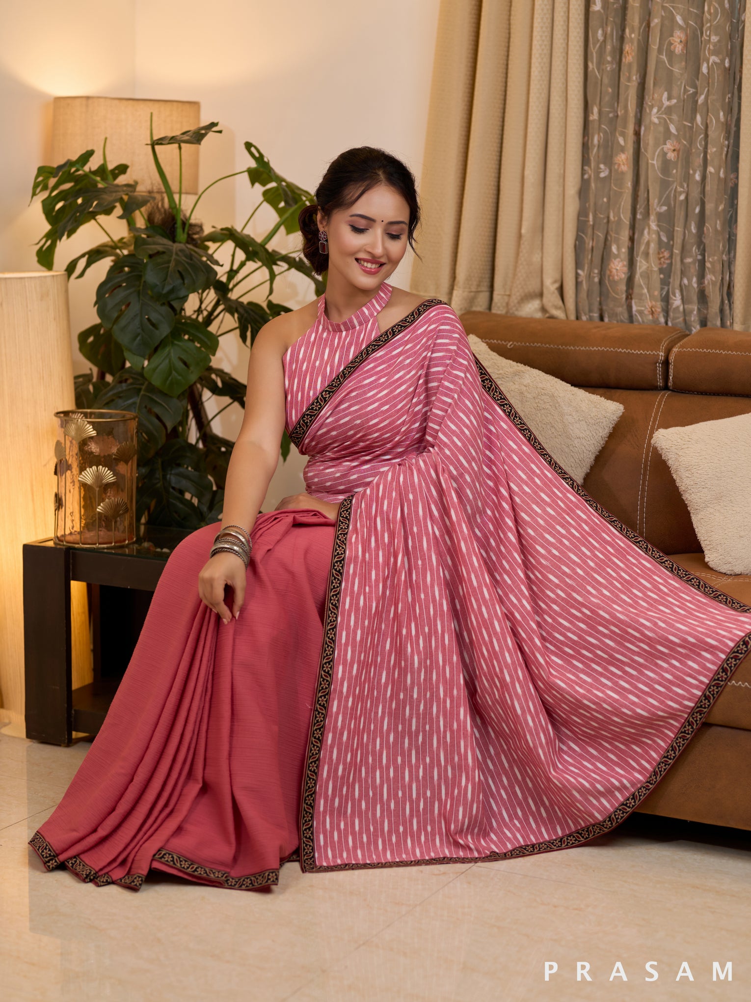 Ikat Adorned Pink Cotton Slub Saree with Ikat Pallu