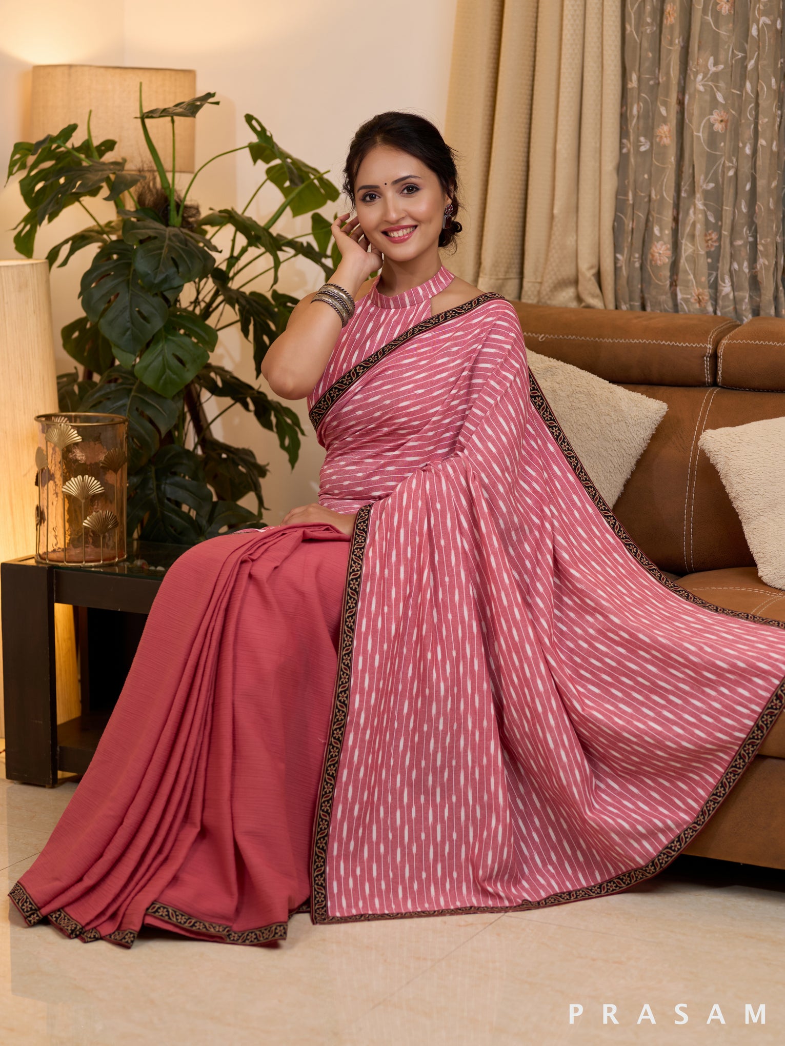 Ikat Adorned Pink Cotton Slub Saree with Ikat Pallu