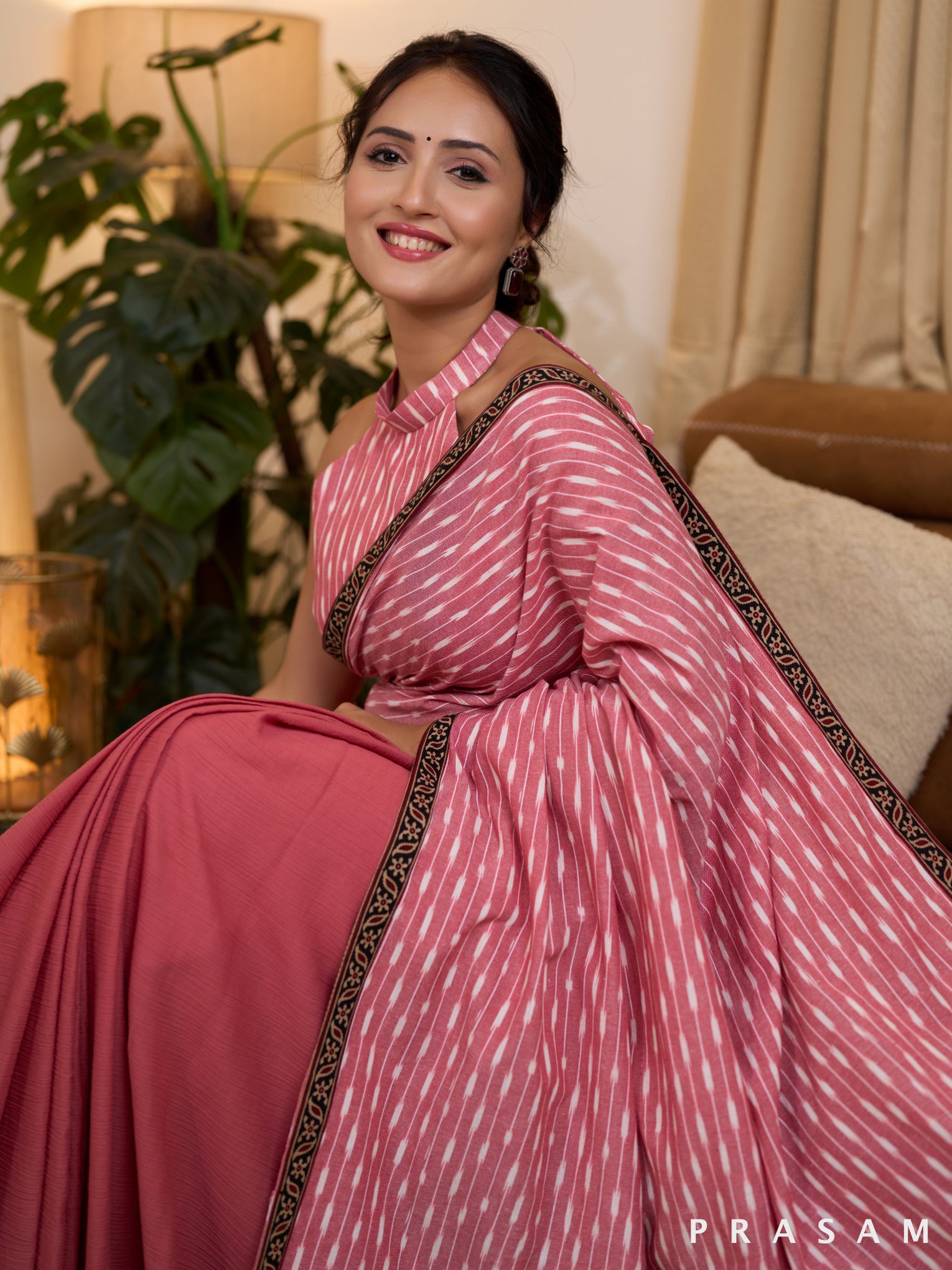 Ikat Adorned Pink Cotton Slub Saree with Ikat Pallu