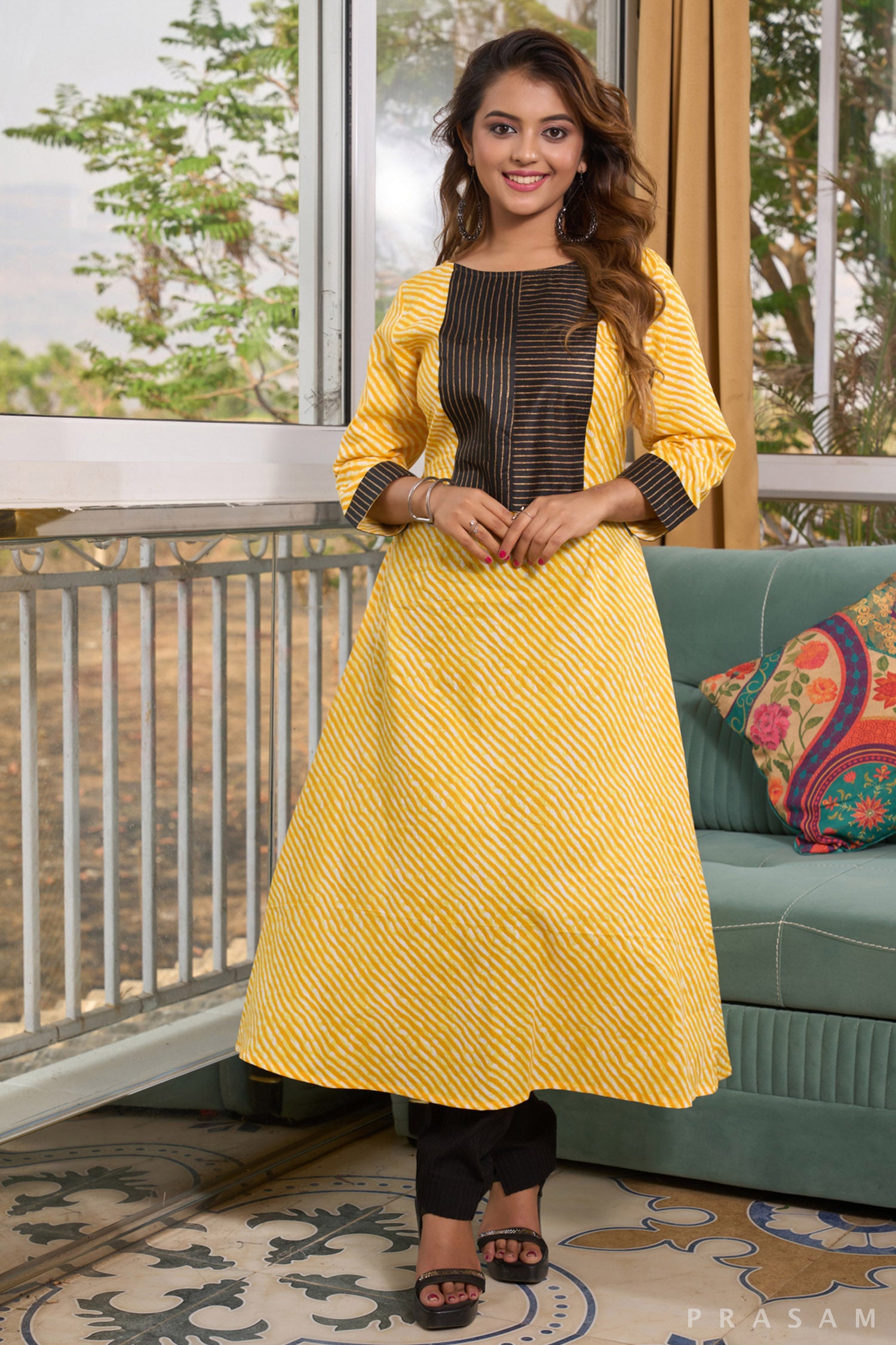 Golden Sunrise Leheriya Kurti with block print black and gold yoke