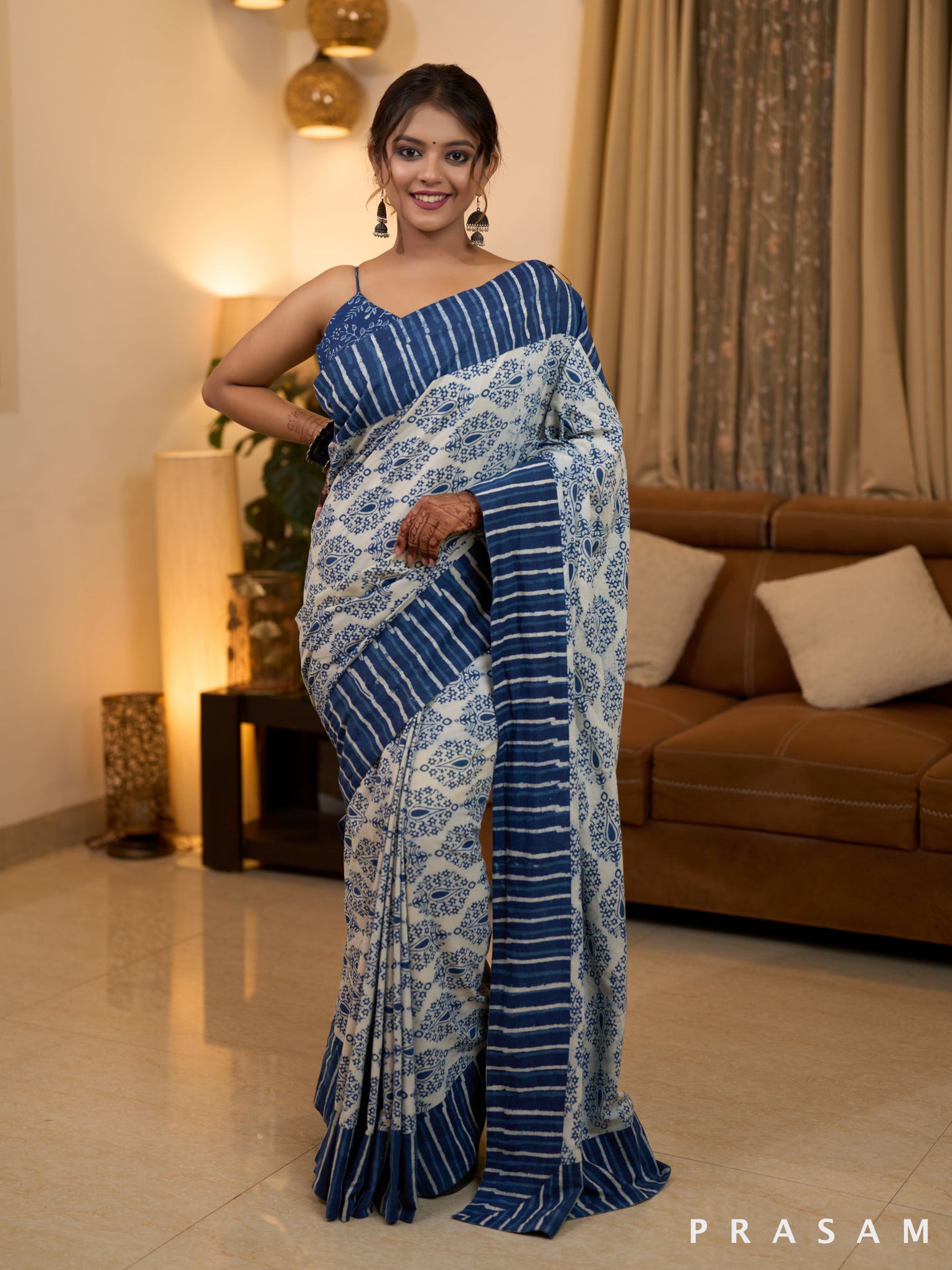 Striped Indigo Splendor Bagru Printed Cotton Saree